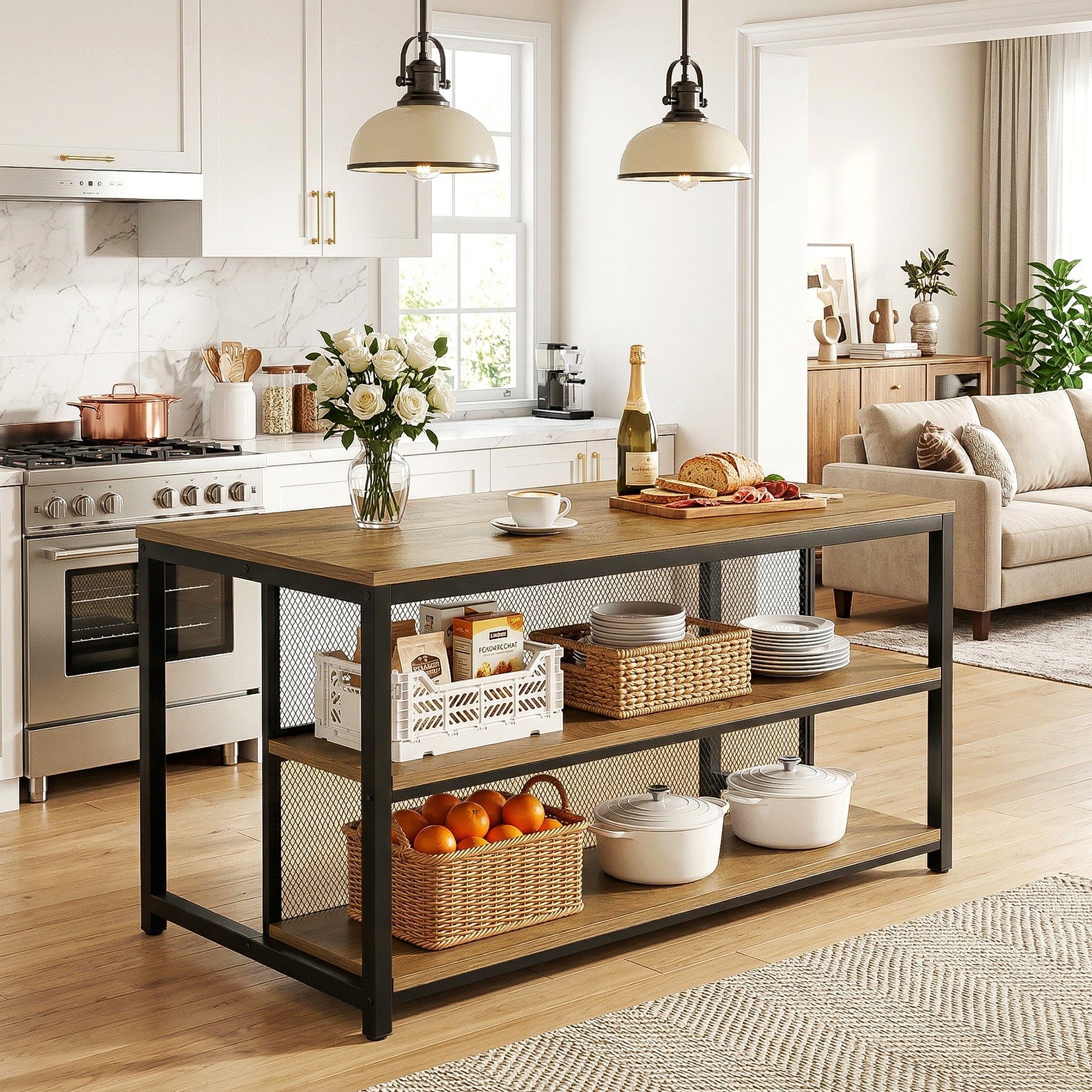63" Industrial Kitchen Island, Stationary Island Coffee Bar Table With Storage Shelves