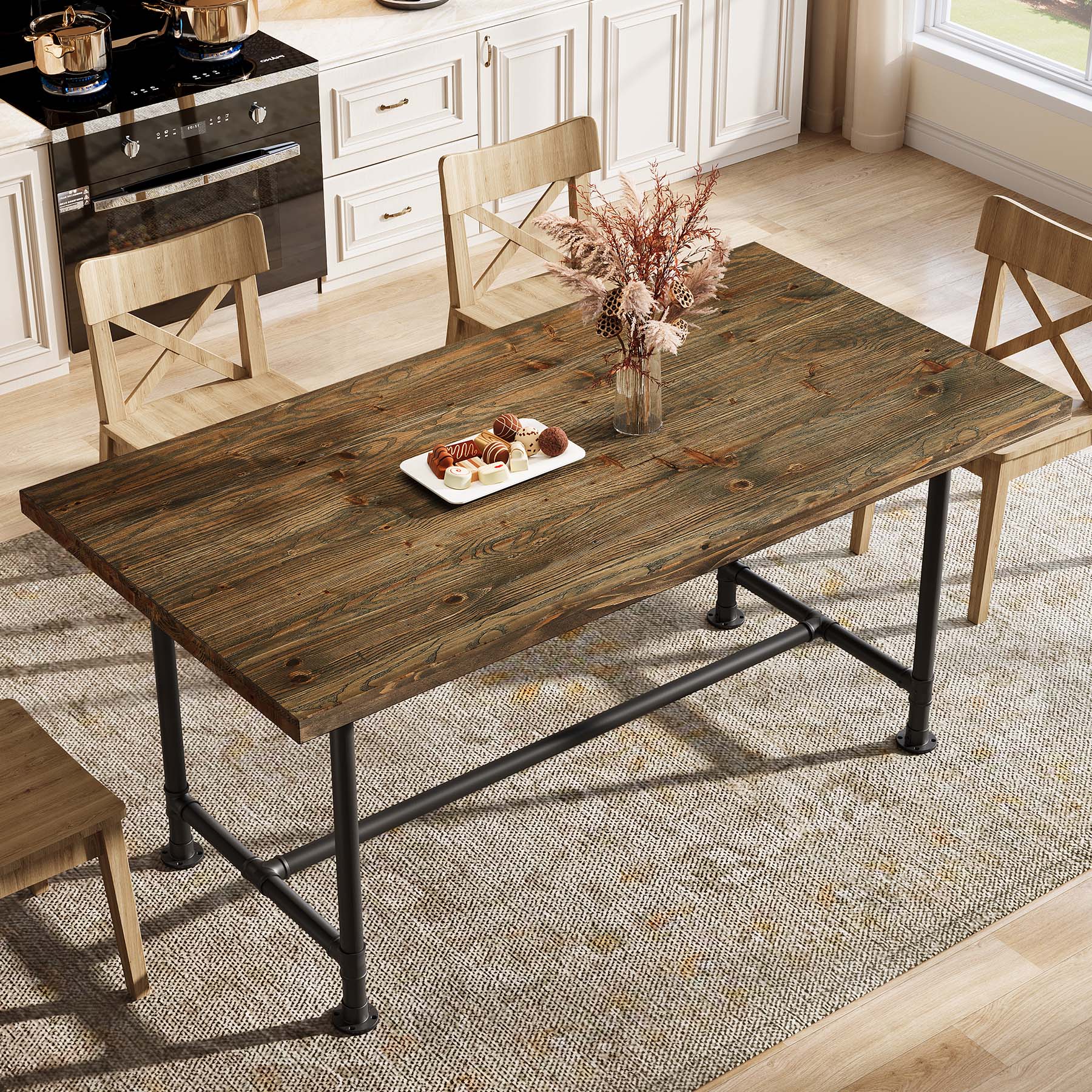 63" Solid Wood Dining Table for 4-6, Industrial Kitchen Table with Metal Footrest