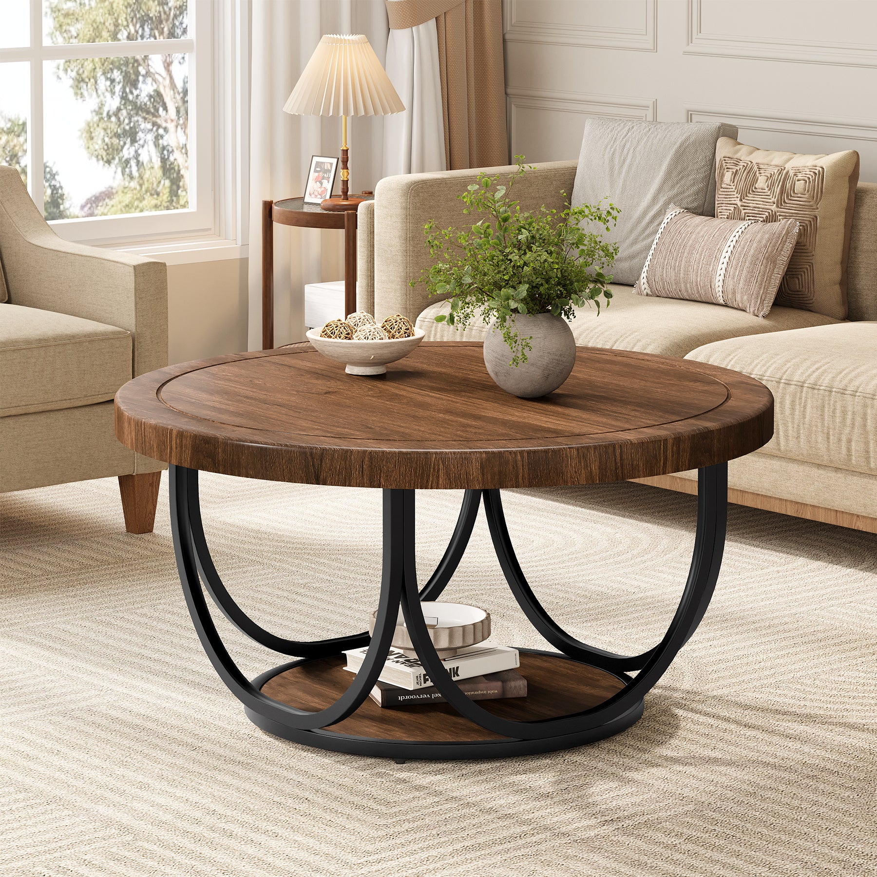Round Coffee Table, 31.5" Circle Accent Cocktail Table with Storage Shelf