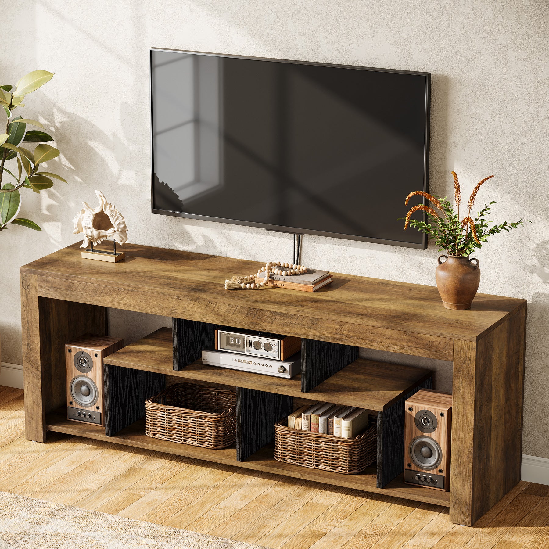 63-Inch TV Stand for 65–75 Inch TV, Rustic Wooden Media Console with Storage Shelves