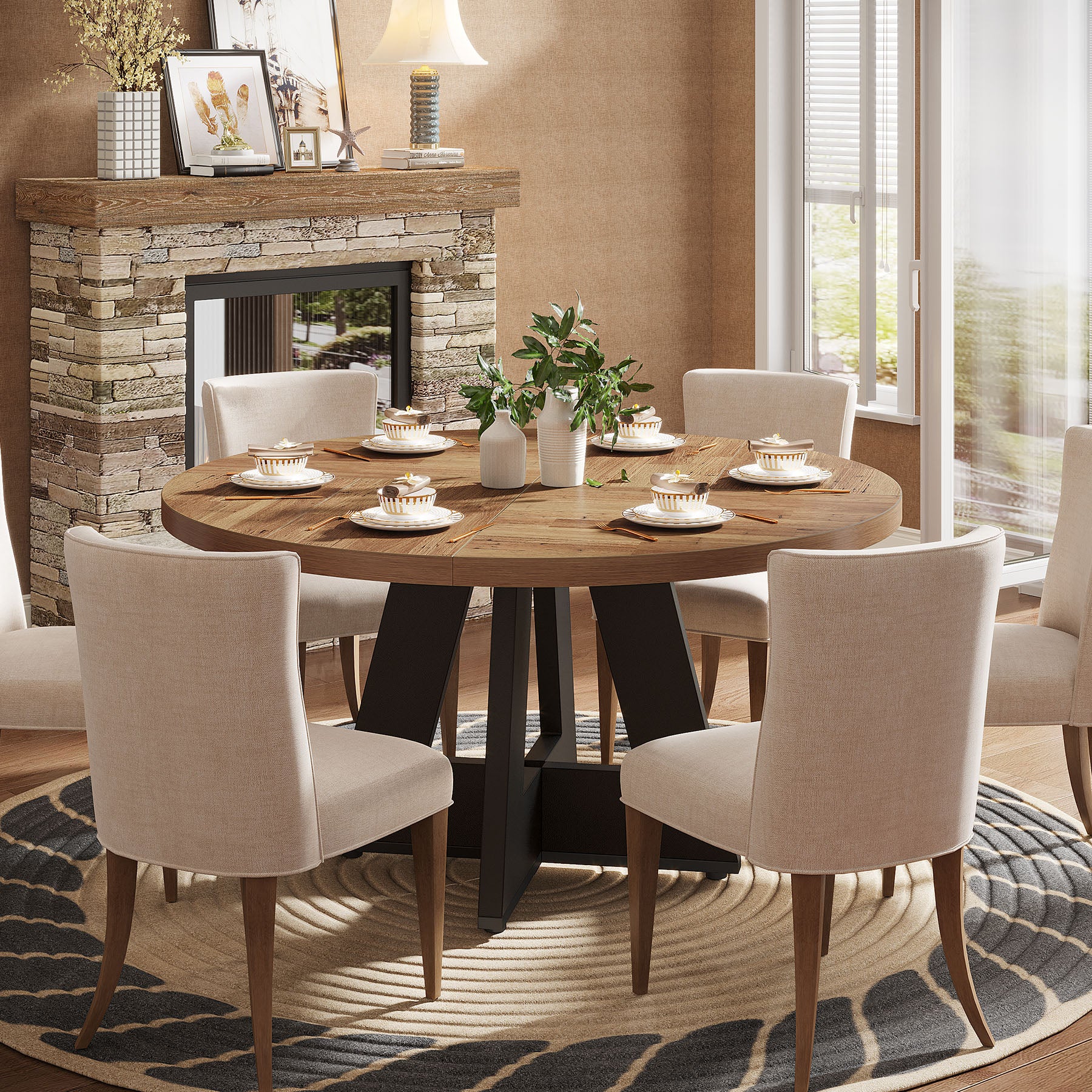 47" Round Farmhouse Dining Table for 4 People, Rustic Dining Room Table