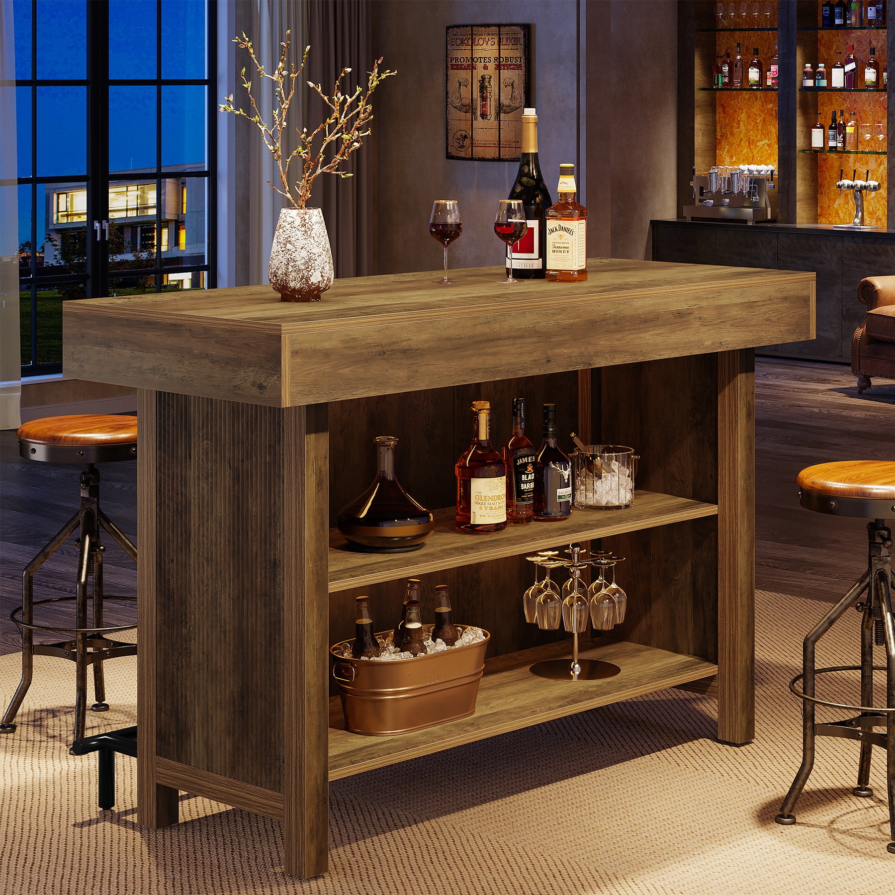 57.48" Bar Unit, Industrial Counter Height Bar Table with 2-Tier Storage