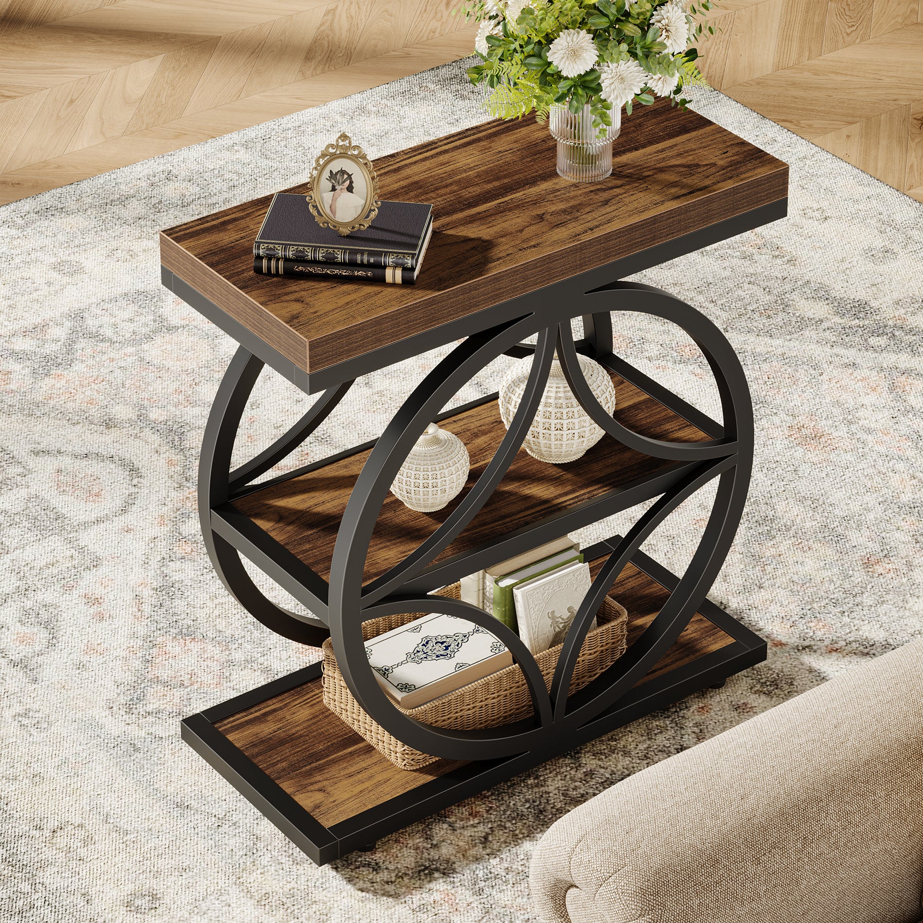 Industrial End Table, Narrow Bedside Table with 3 - Tier Storage Tribesigns