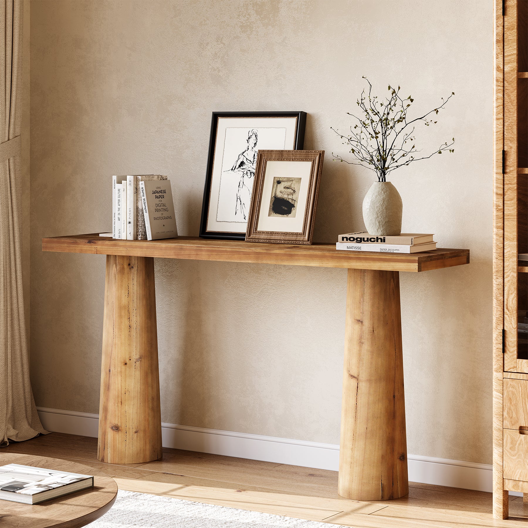 63" Solid Wood Console Table, Farmhouse Entryway Table with Cylindrical Legs