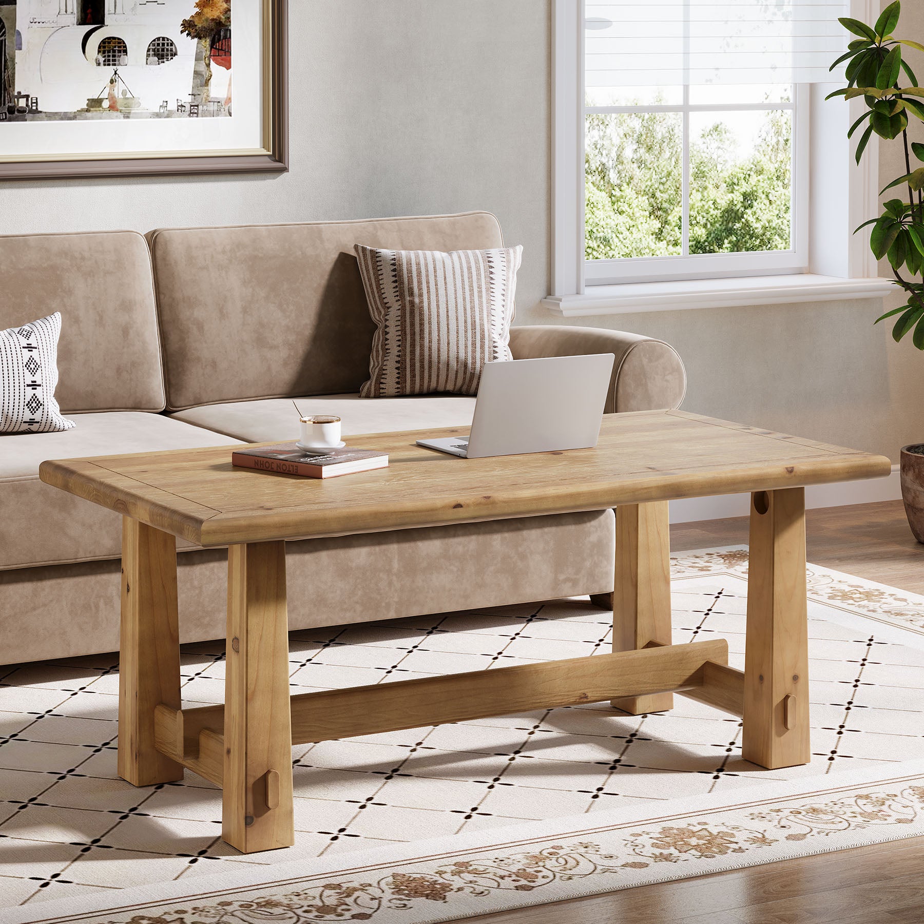 47" Solid Wood Coffee Table, Rectangular Center Table with H-Shaped Base