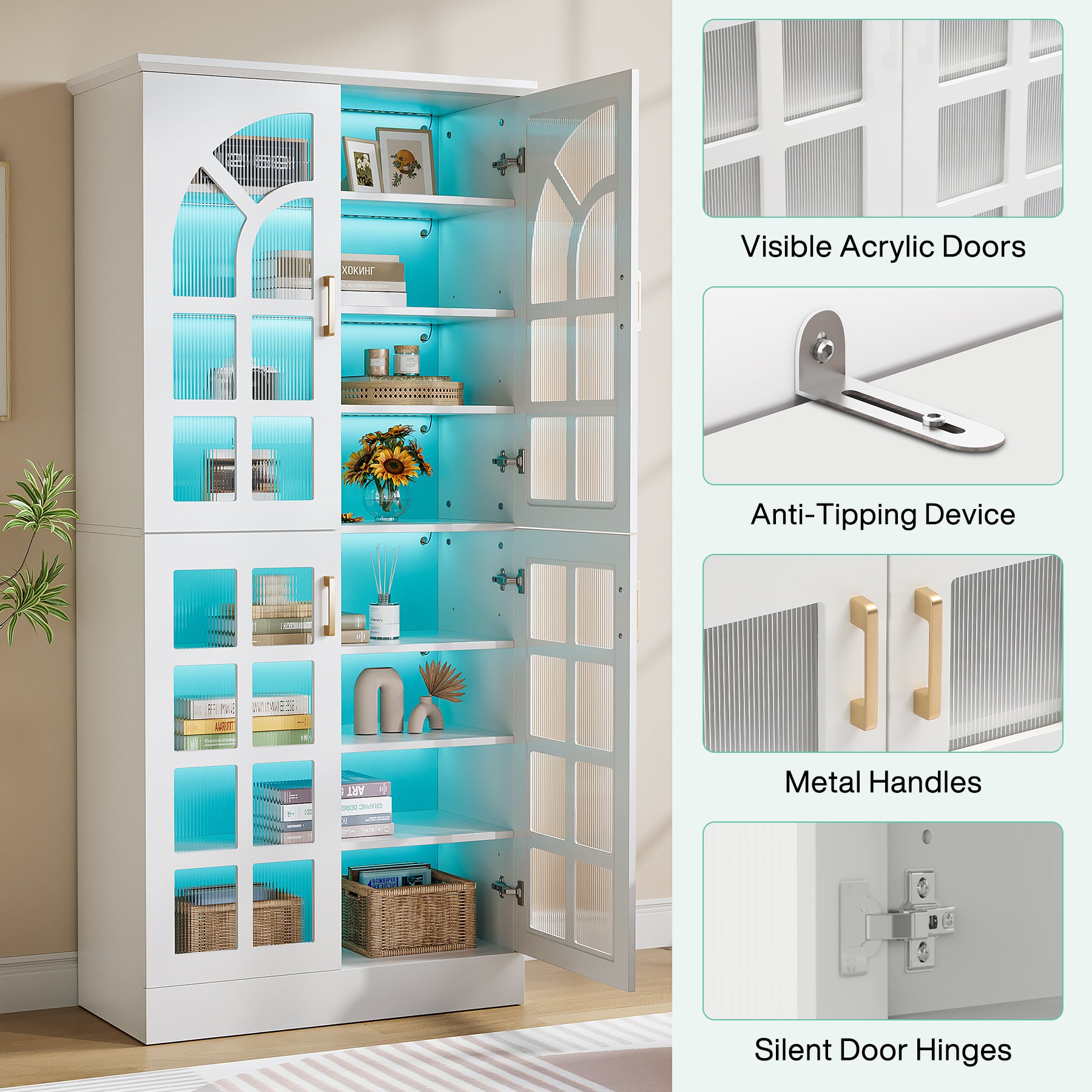 69" Storage Cabinet, Modern Bookcase with Doors and LED Lights