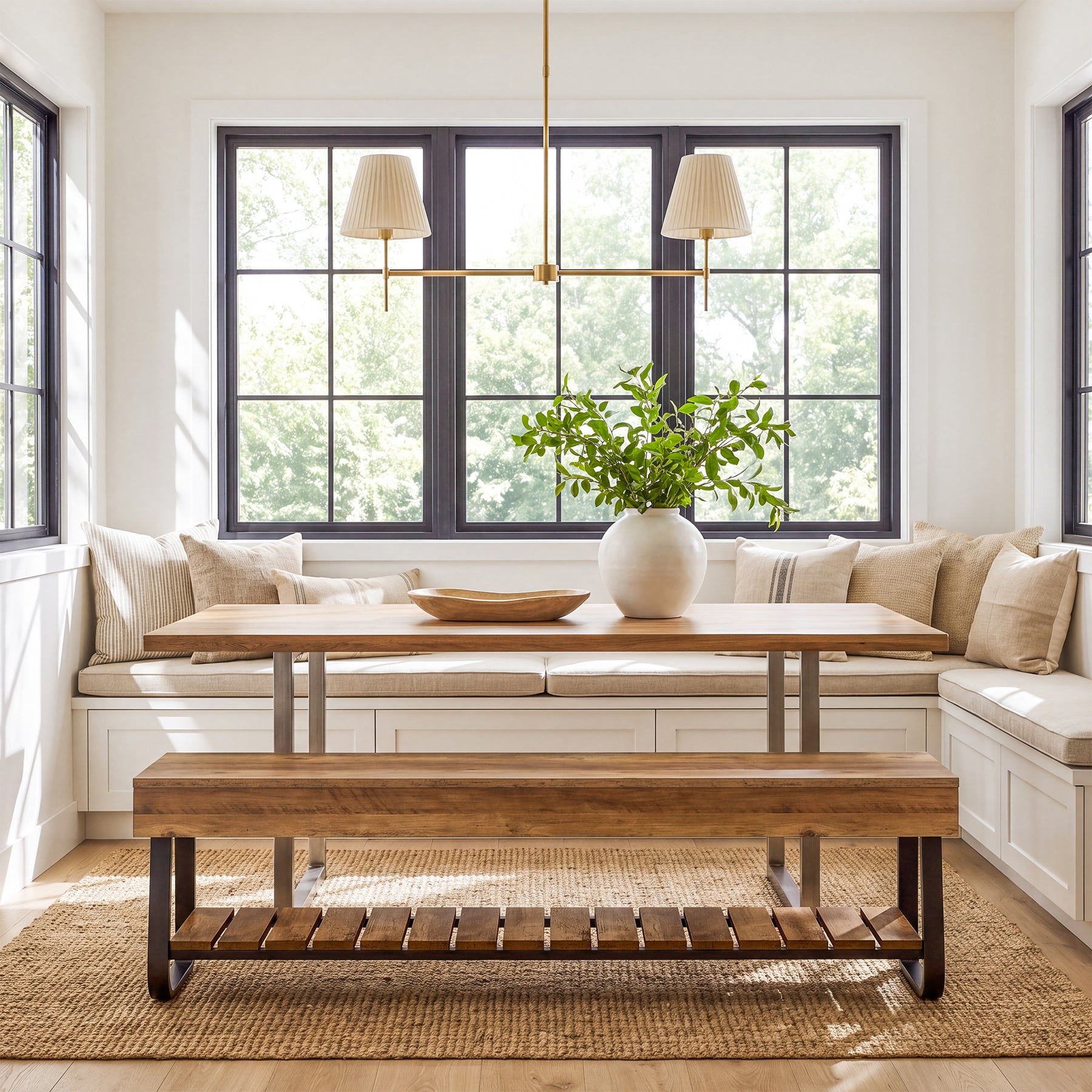 63" Dining Bench with Slatted Shelf, Indoor Kitchen Bench with Metal Frame
