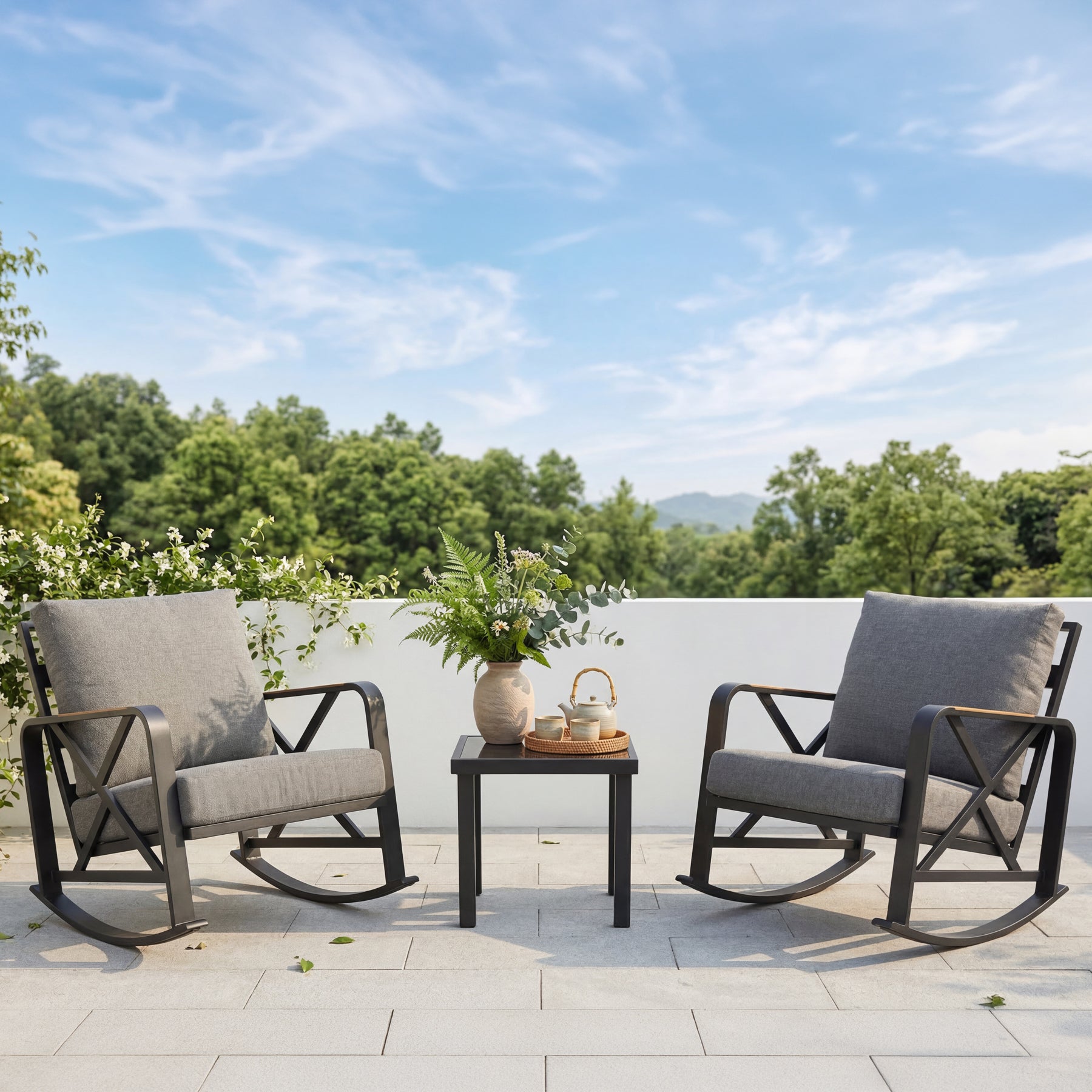 Outdoor Square End Table, Patio Side Table with Water-Resistant Glass Top