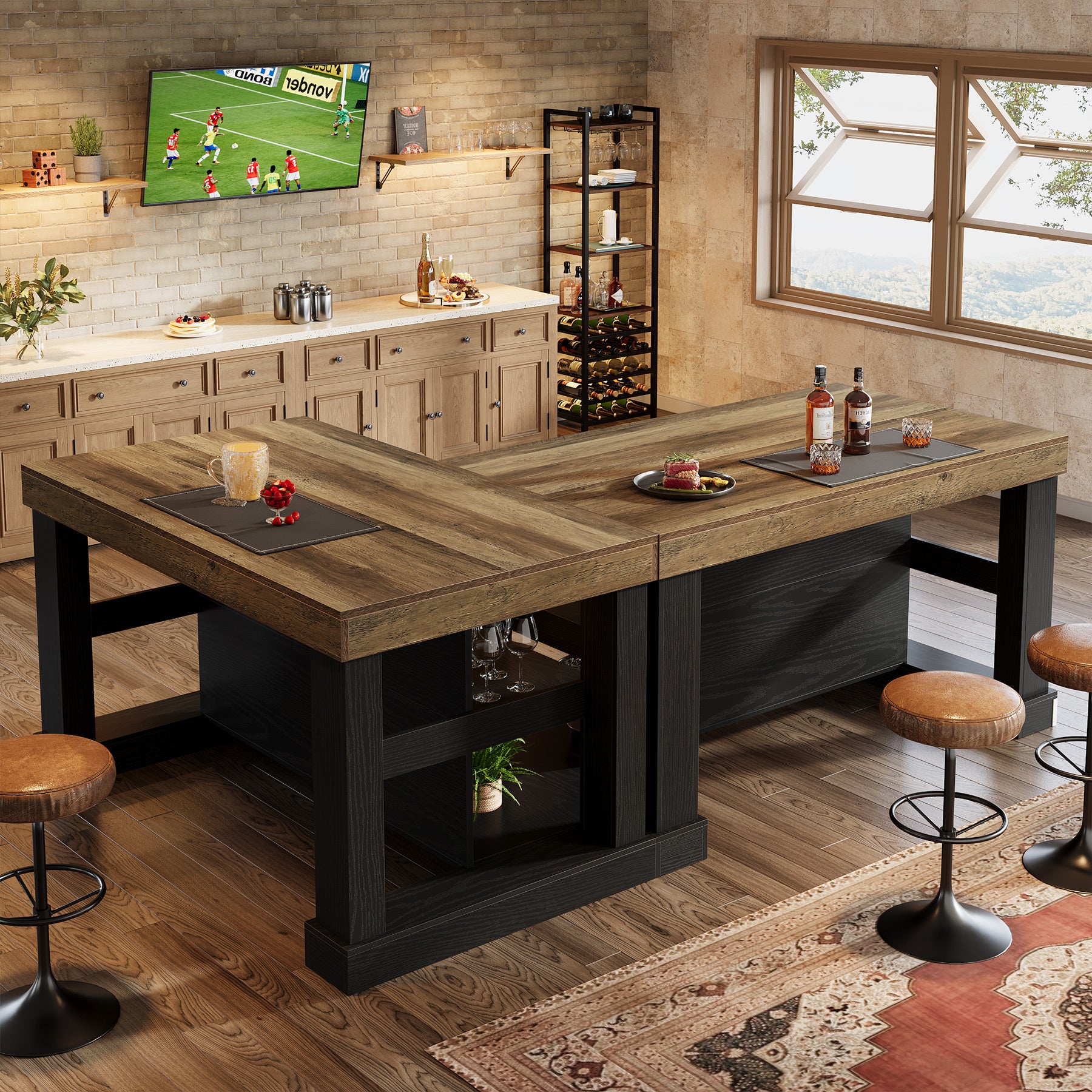 55" Counter Height Bar Table with Storage Shelves, Rectangular Kitchen Table for 6