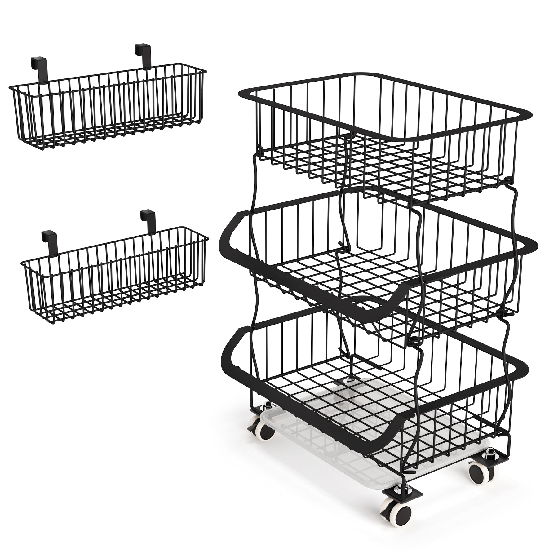 Fruit Basket, 3 Tier Stackable Metal Wire Basket Cart with Rolling Wheels