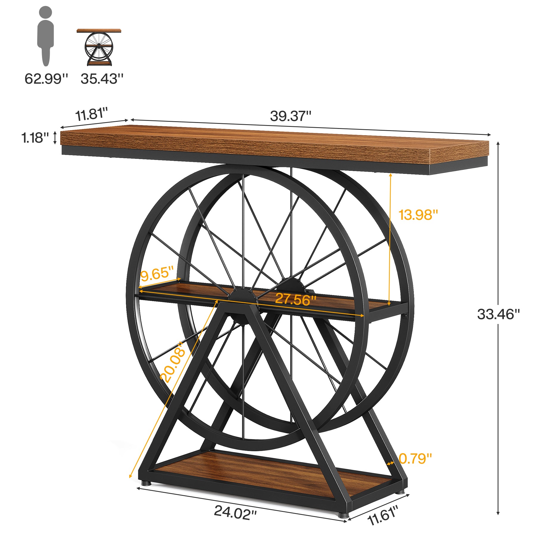 39.4" Industrial 3-Tier Console Table with Wheels, Narrow Entryway Sofa Table with Storage