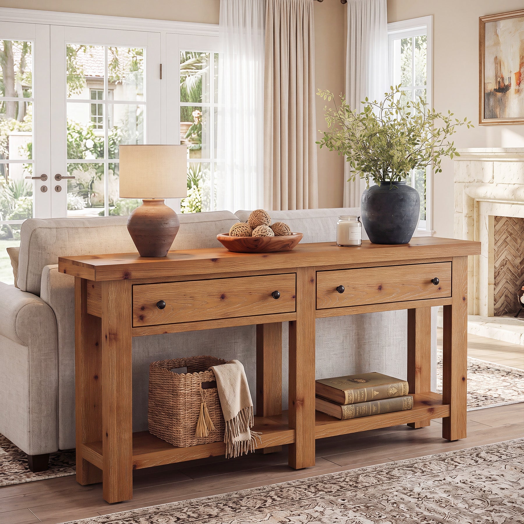 63" Console Table, Solid Wood Sofa Tables Behind Couch with 2 Drawers for Entryway
