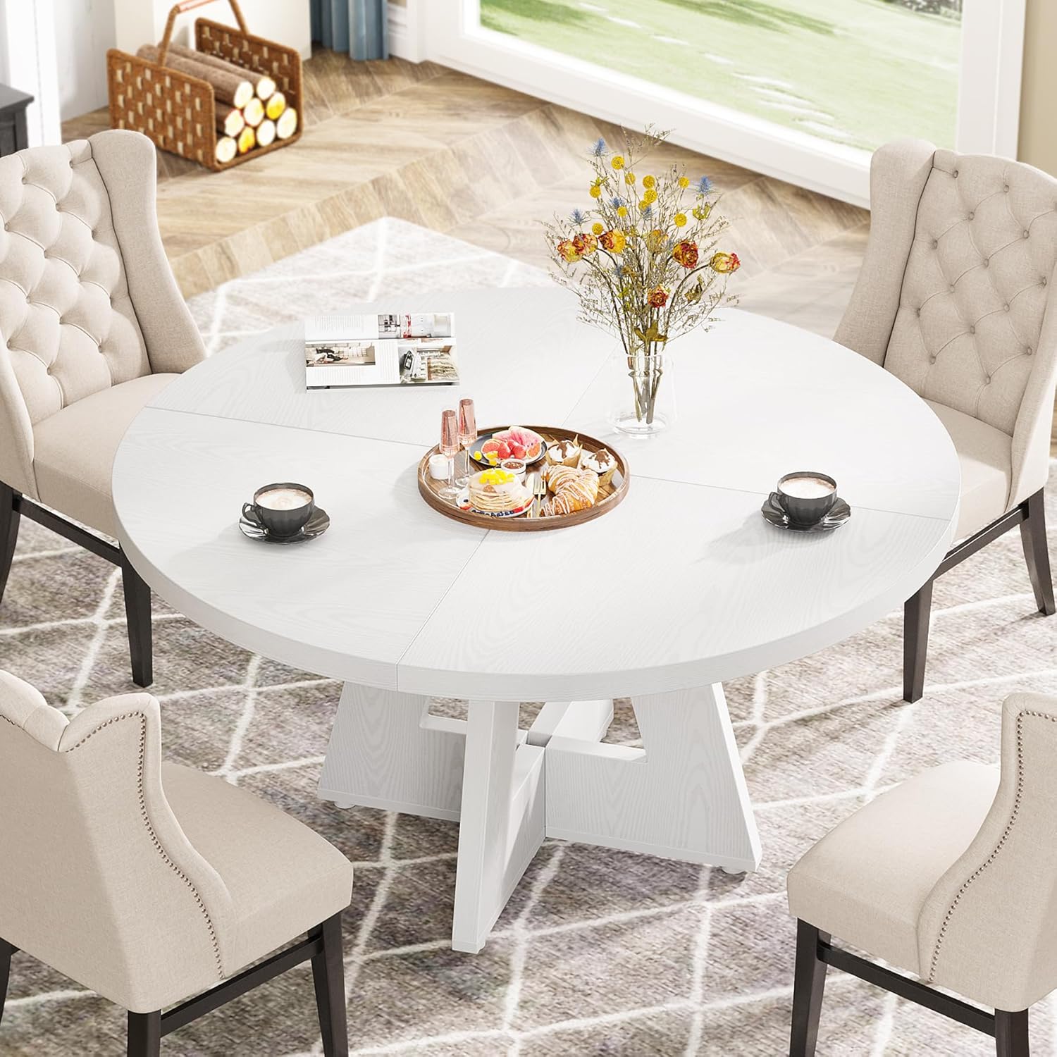 47-Inch Round Farmhouse Dining Table for 4–6 with Cross-Style Pedestal Base