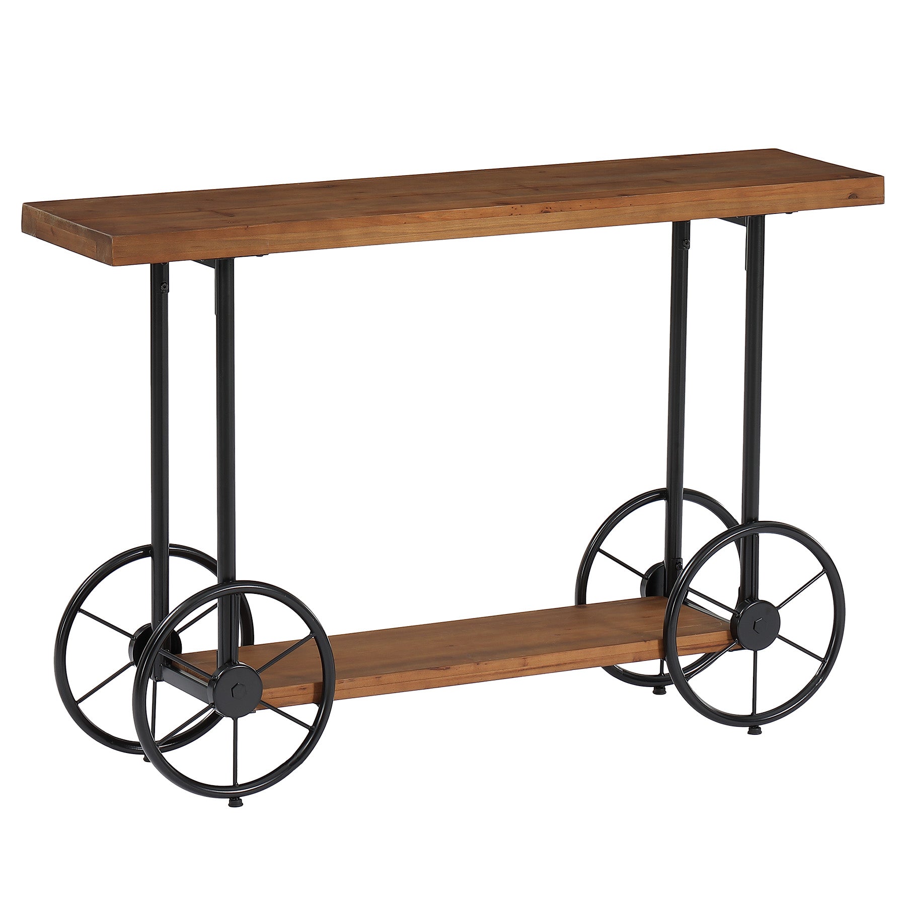 47" Solid Wood Industrial Console Table with 2-Tier Shelves – Narrow Entryway Sofa Table with Metal Base for Hallway or Living Room