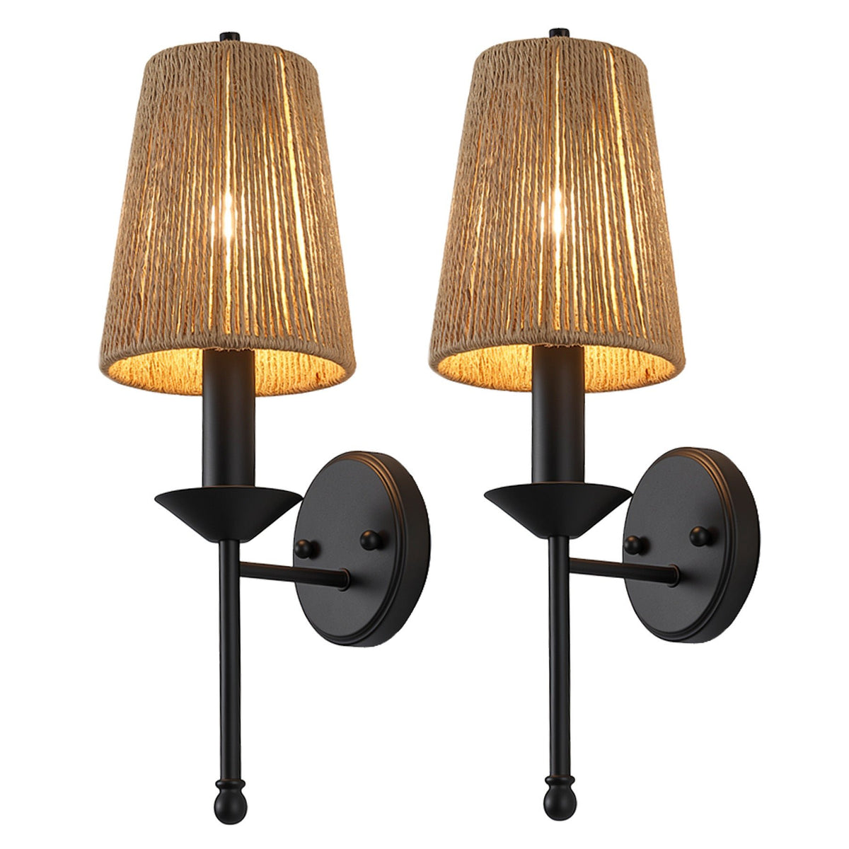 2 Pack Boho Wall Sconce, Handmade Jute Wall Light with Black Metal Base
