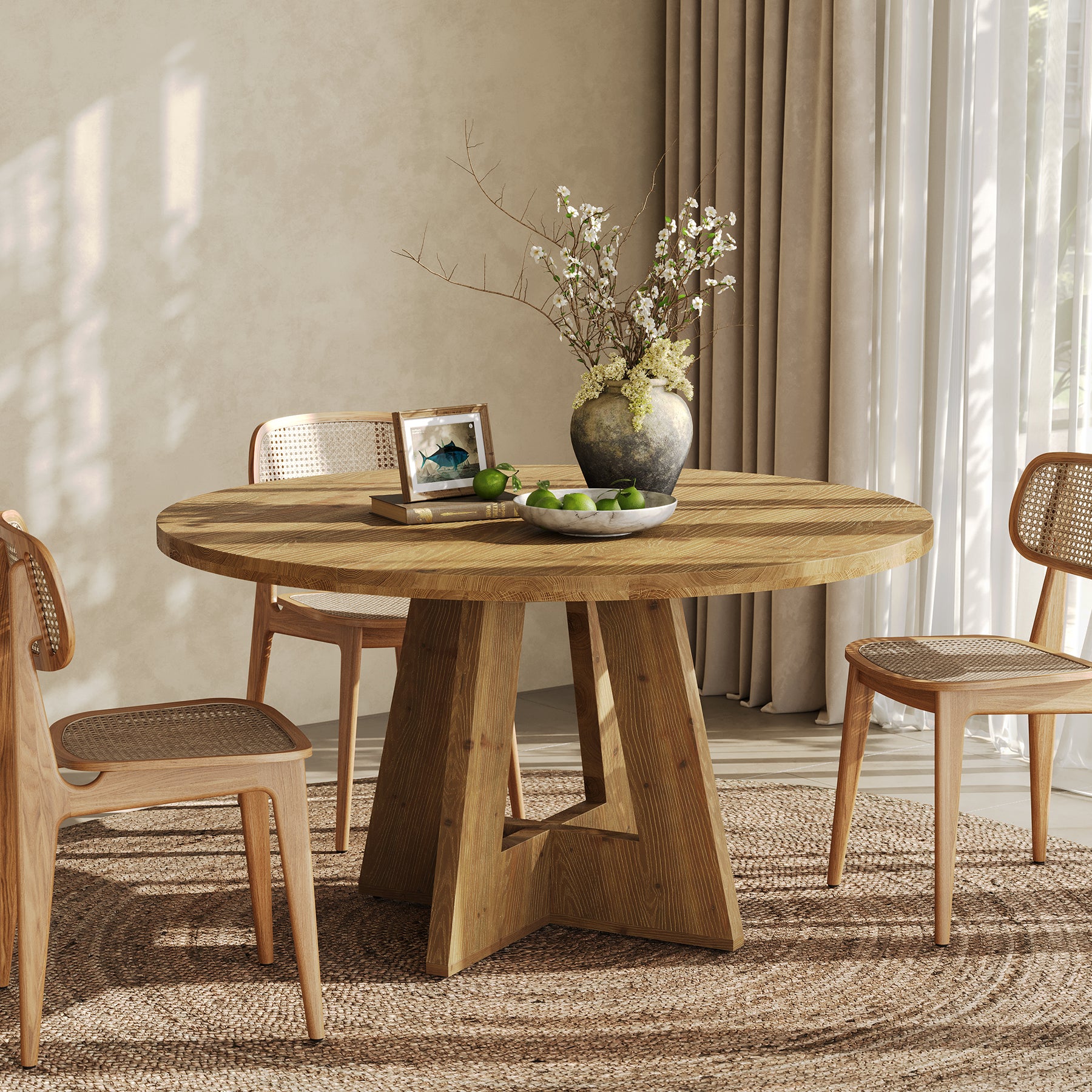 Solid Wood Round Dining Table, 47" Farmhouse Kitchen Table for 4-6