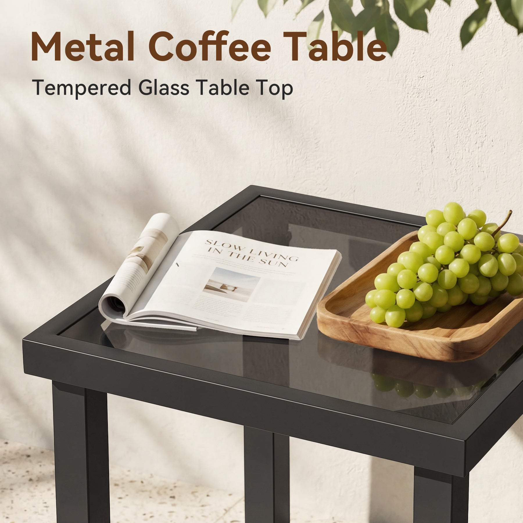 Outdoor Square End Table, Patio Side Table with Water-Resistant Glass Top