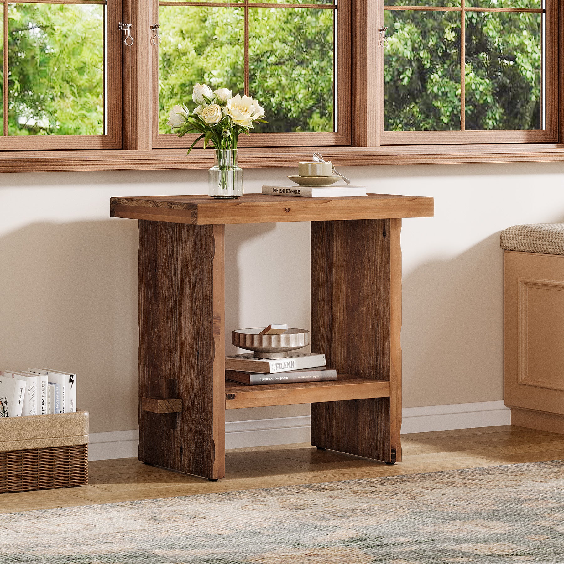 23.62-Inch Solid Wood Nightstand with Storage, Farmhouse Bedside Table with Wooden Base for Bedroom