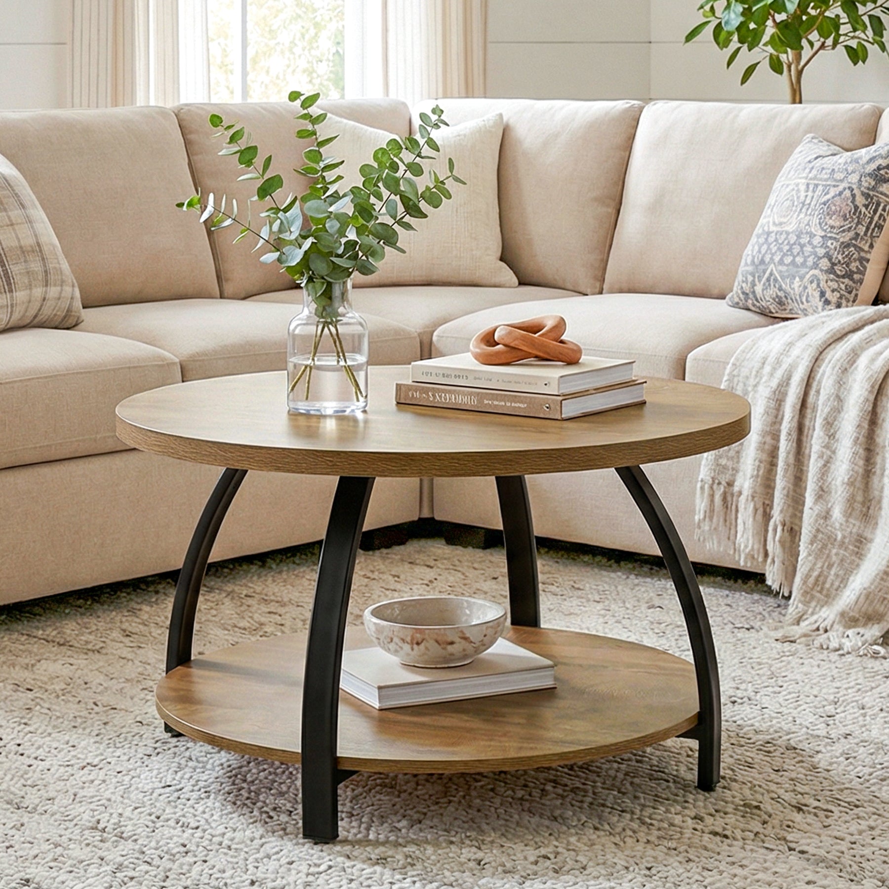 Round Coffee Table, 31.5" Center Cocktail Table with 2-Tier Storage Shelves