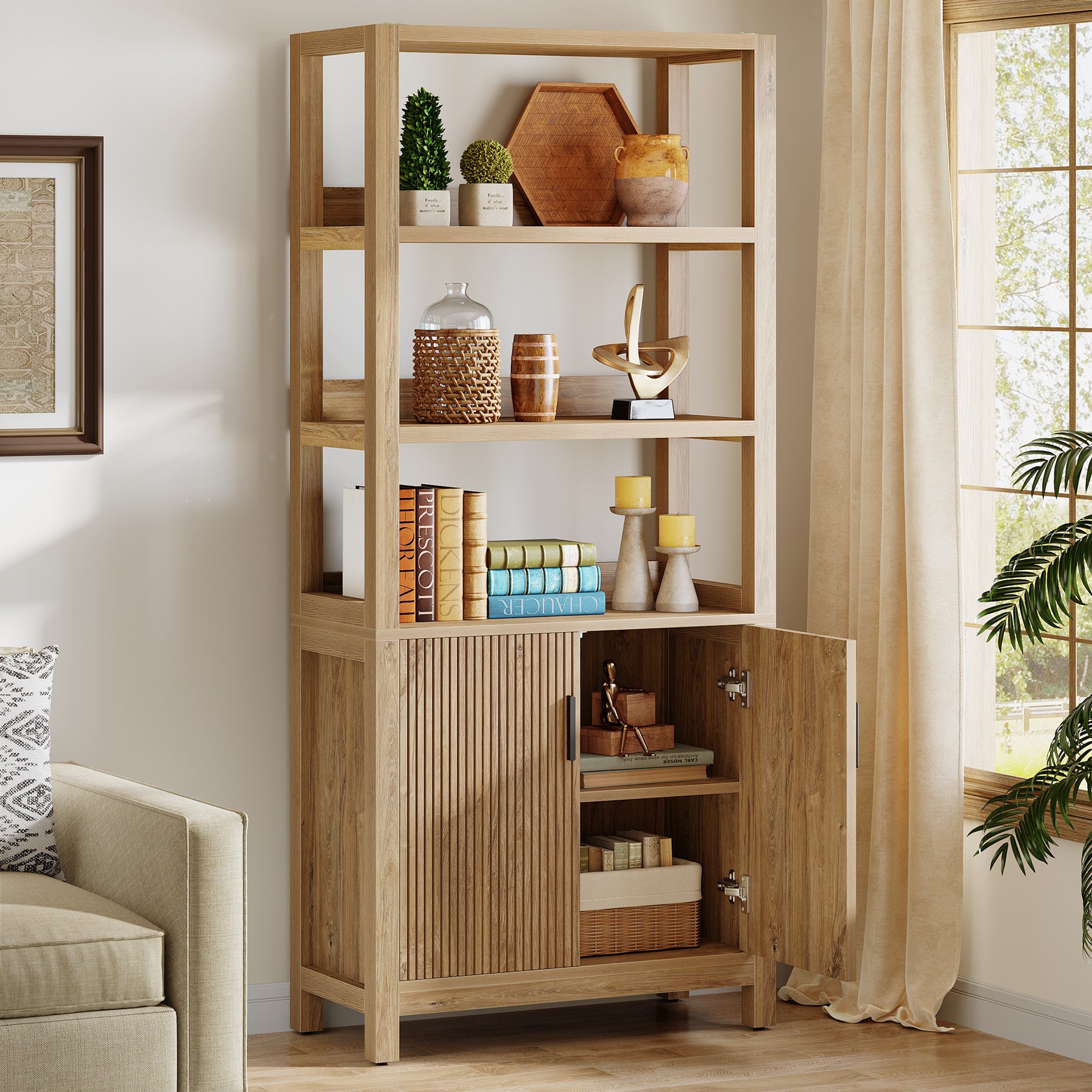 70.9" Bookcase, Wooden Bookshelf with 3-Tier Open Shelf and Door Cabinet