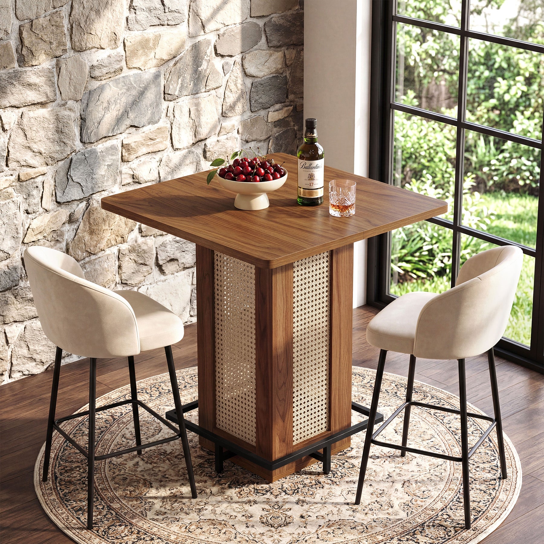 31.5" Square Bar Table, Rattan Pub Table with Footrest for Kitchen Breakfast Nook