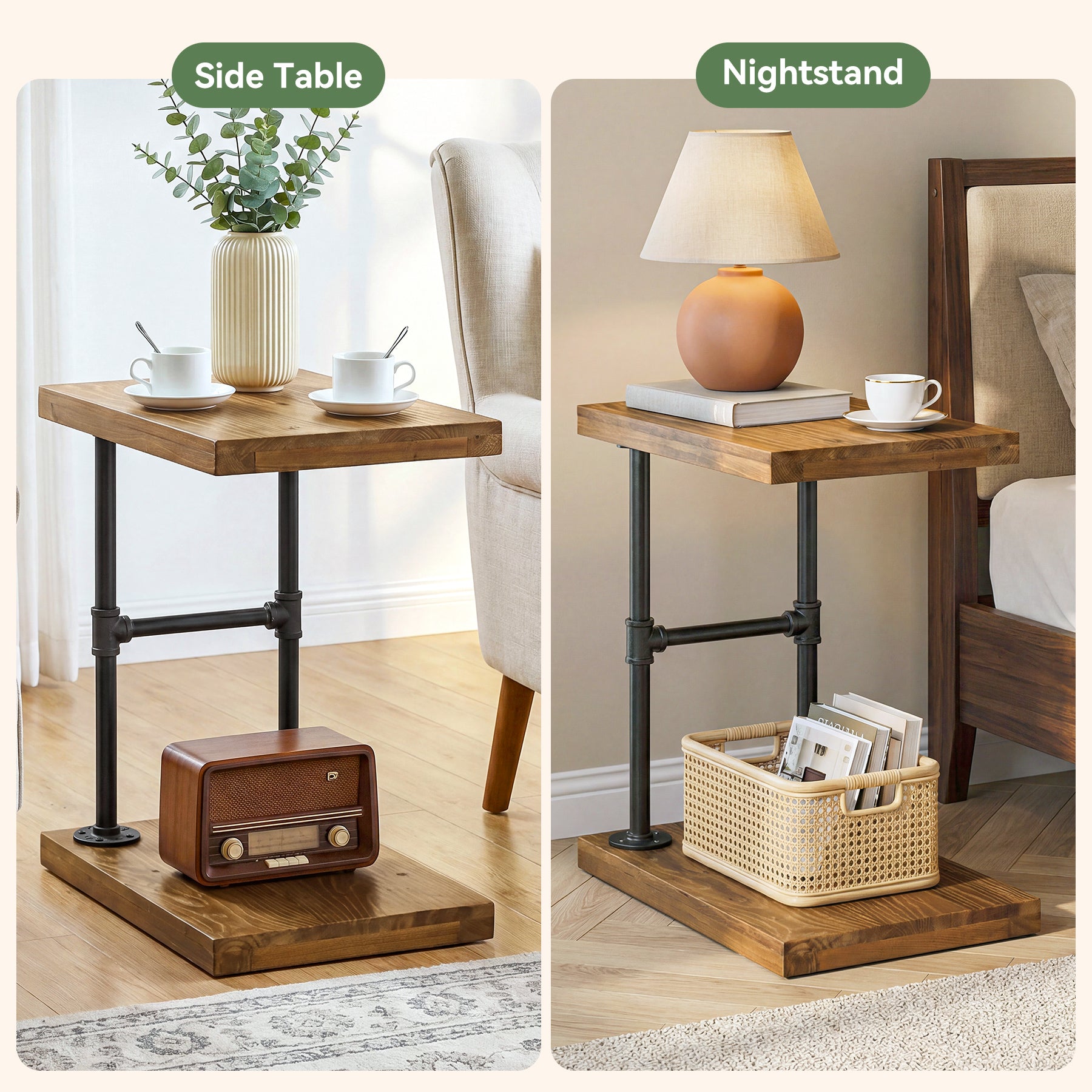 Tribesigns Narrow Solid Wood Nightstand, C-Shaped Bedside Table for Bedroom