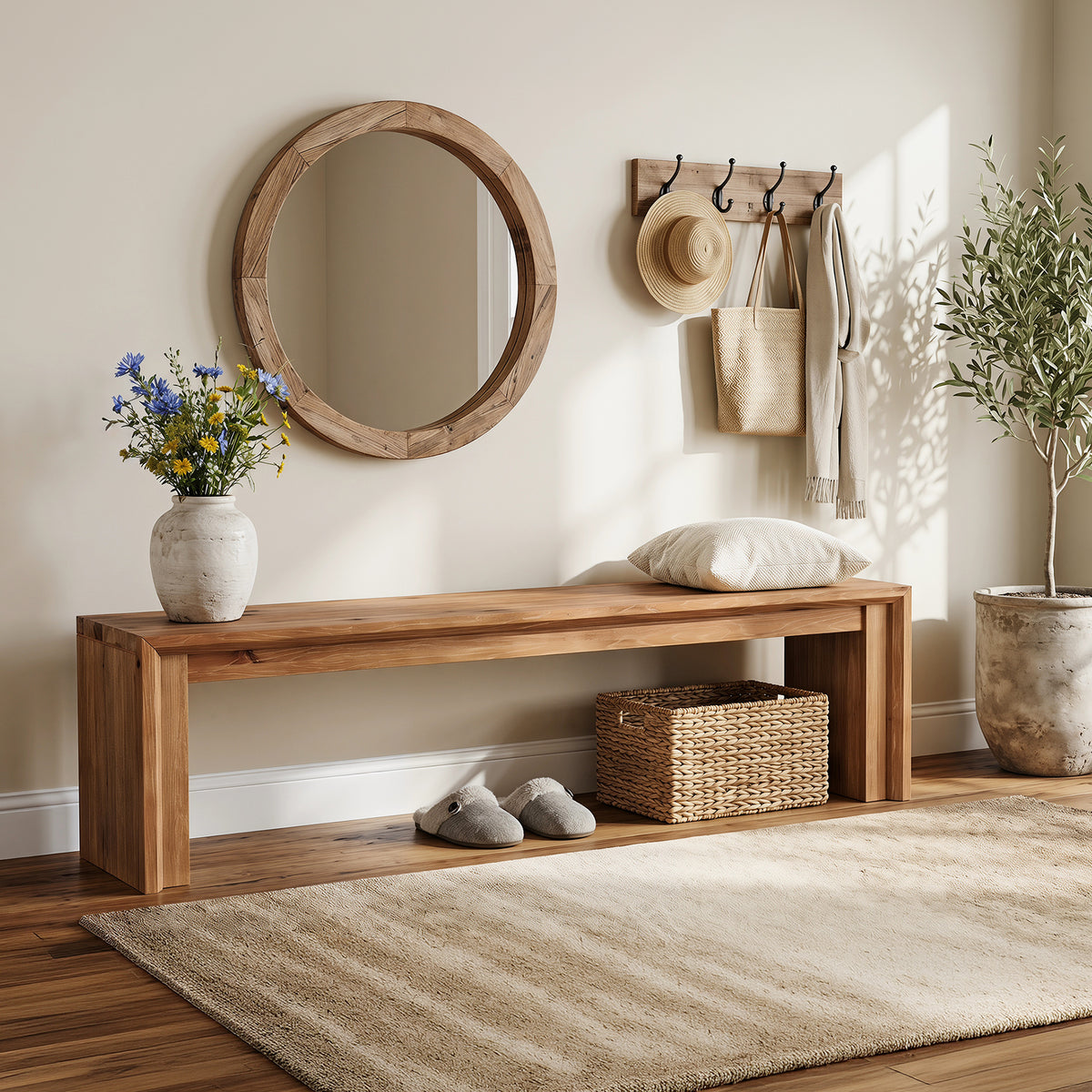 63" Solid Wood Entryway Shoe Bench, Farmhouse End of Bed Bench for 2-3 People