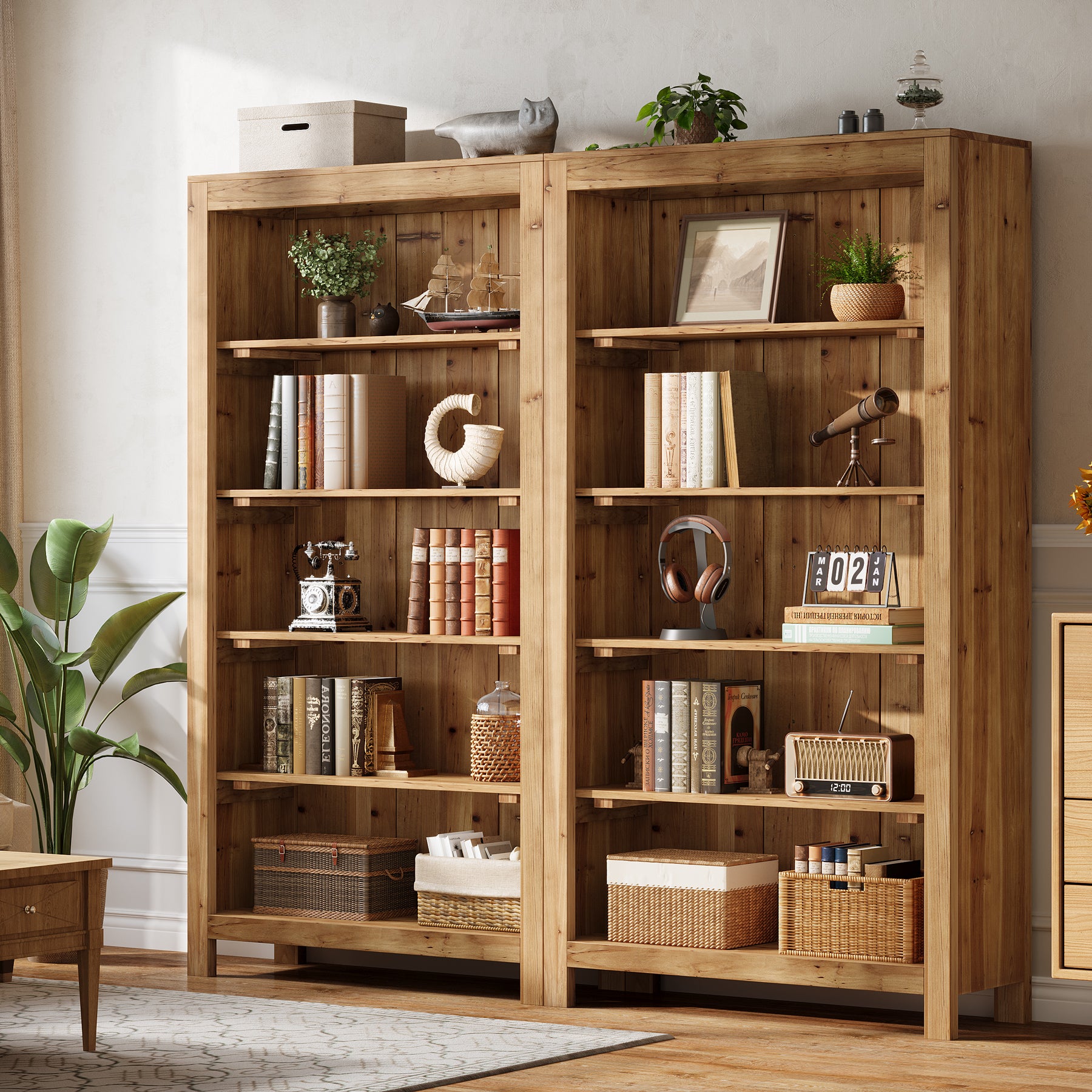 Solid Wood Bookcase, 5-Tier Bookshelf Display Storage Shelves