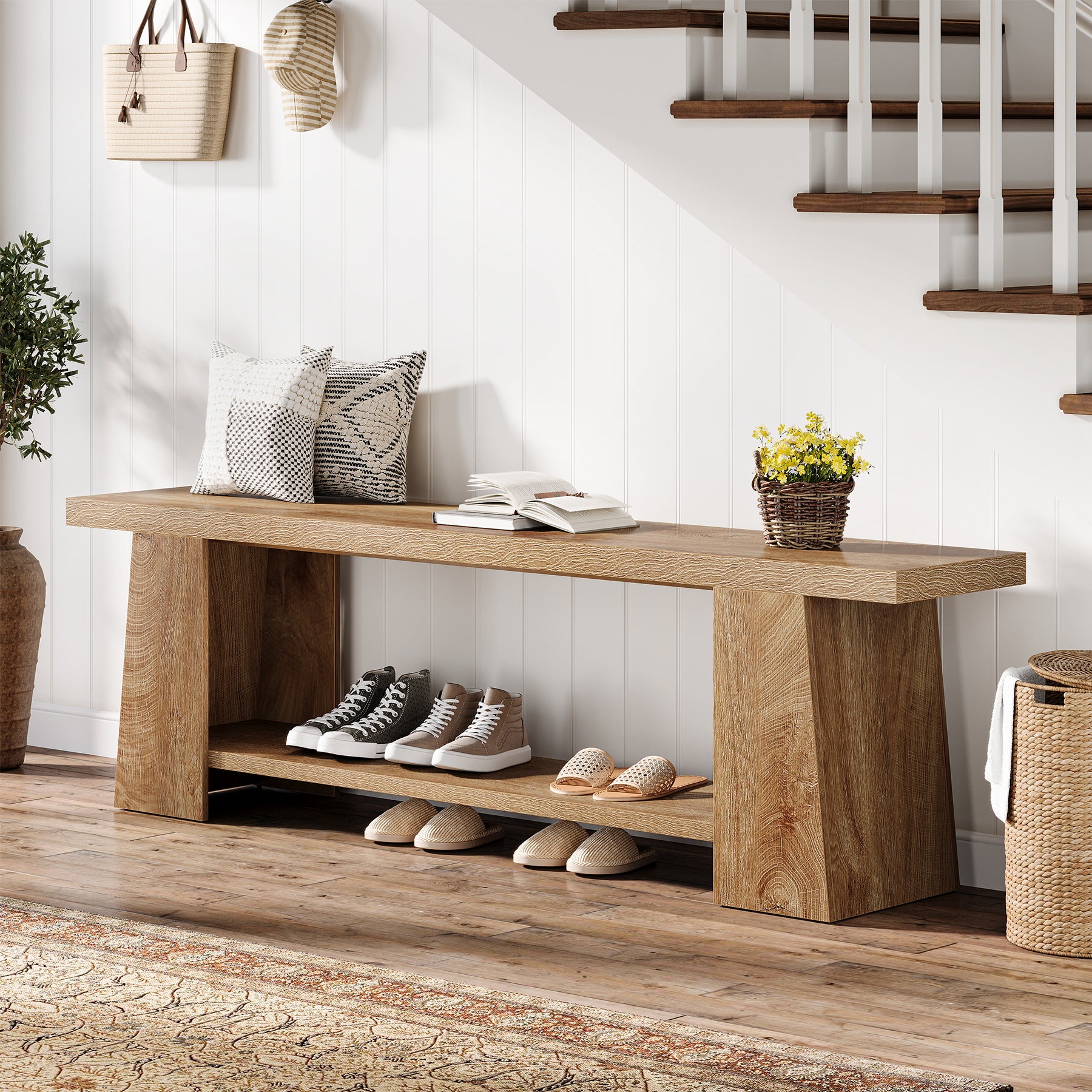 2-Tier Entryway Bench, 59" Shoe Bench End of Bed Bench with Storage Shelves