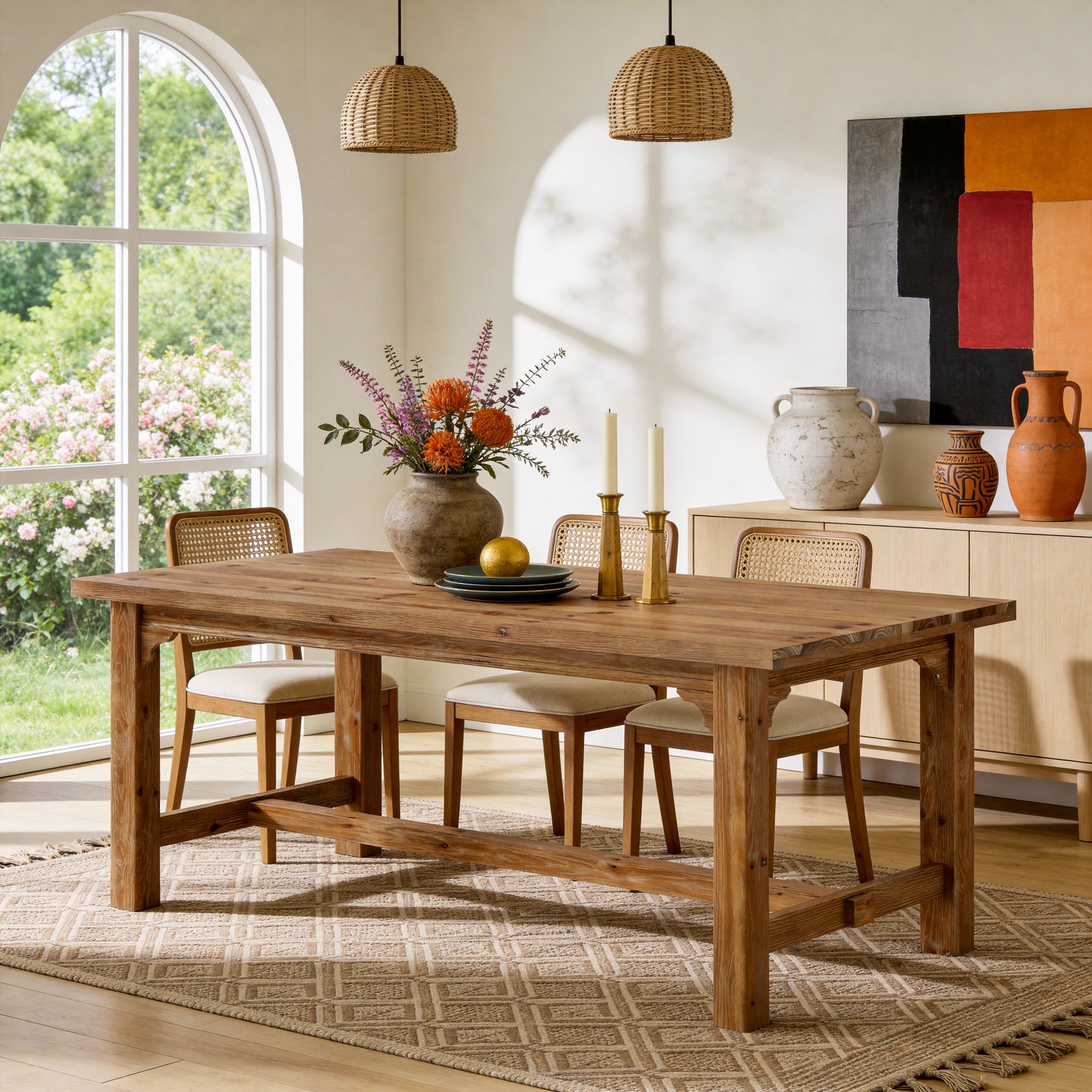 Solid Wood Dining Table, 63" Rectangular Kitchen Table with Foot Bar