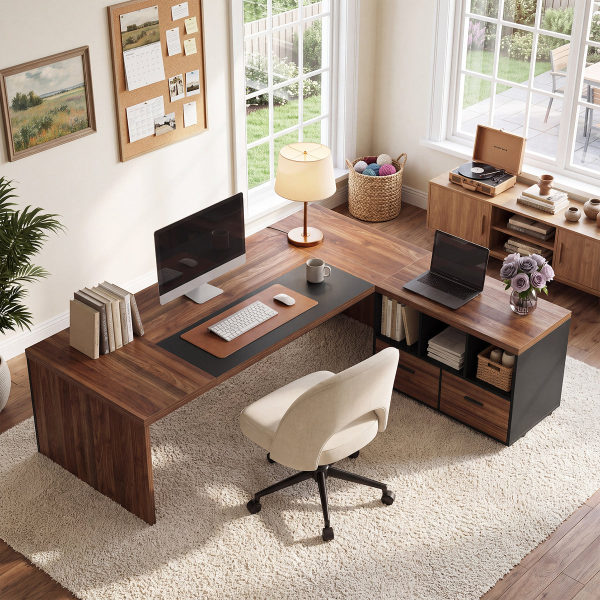 L-Shaped Executive Desk, 71" Reversible Computer Desk with Mobile File Cabinet & Shelves