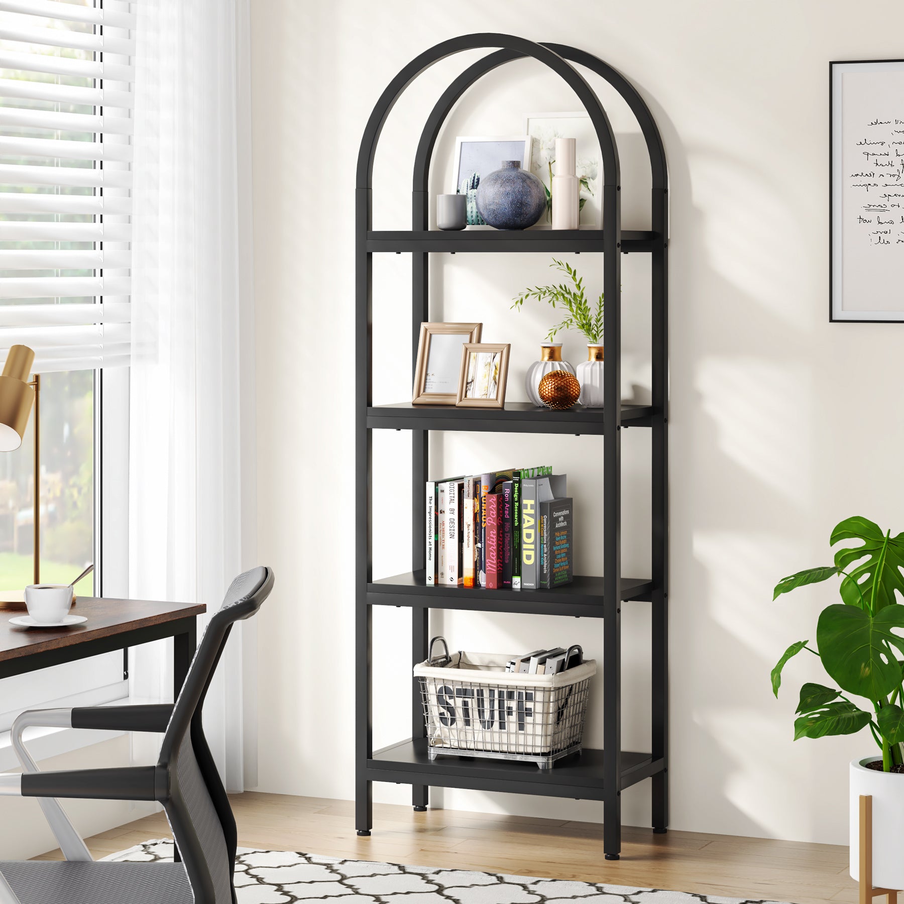 4-Tier / 5-Tier Bookshelf, Arched Bookcase Display Rack with Storage Shelves