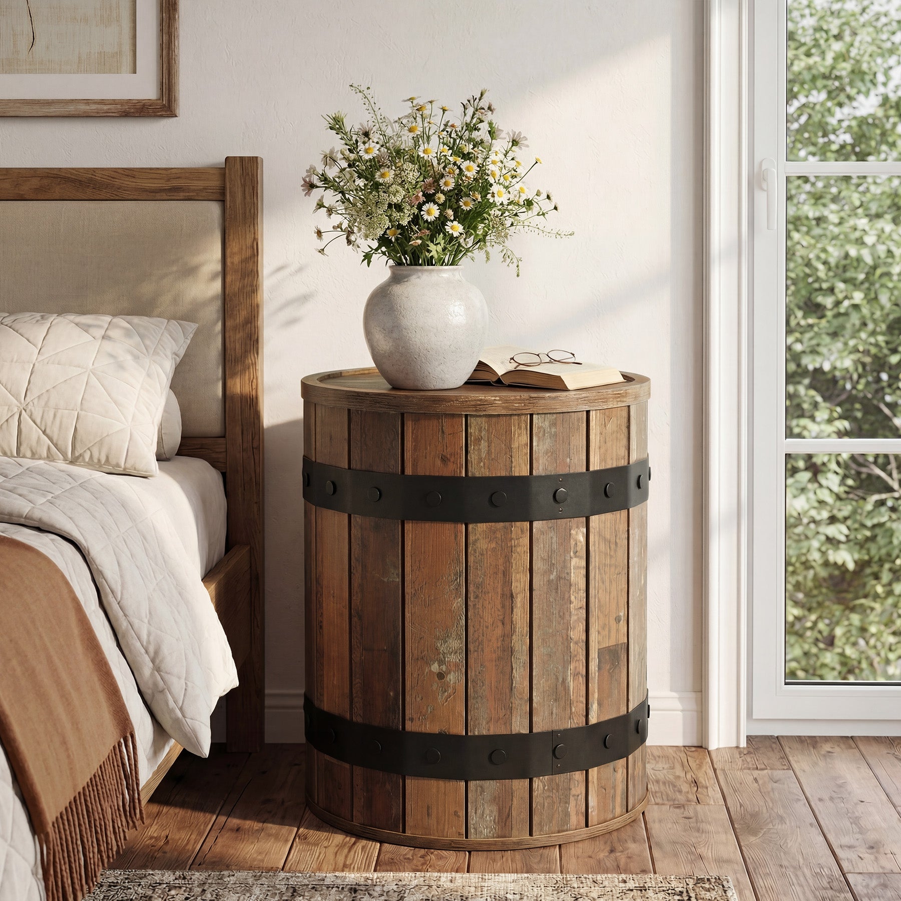 19.68" Barrel Side Table with Hidden Storage, Round Wood End Table with Lid for Living Room and Bedroom