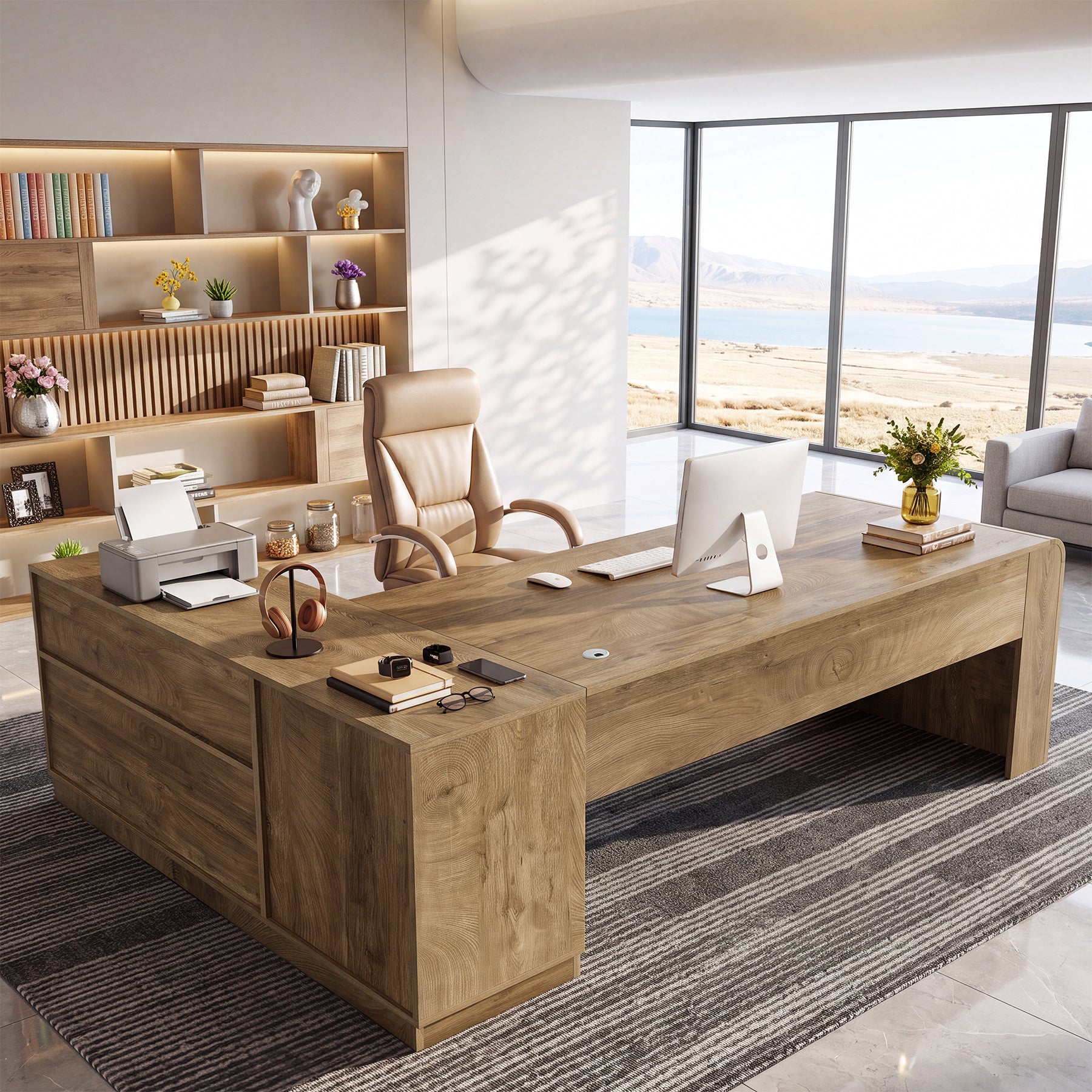 78.74" L-Shaped Executive Desk, Corner Computer Desk with Storage Cabinet for Home Office