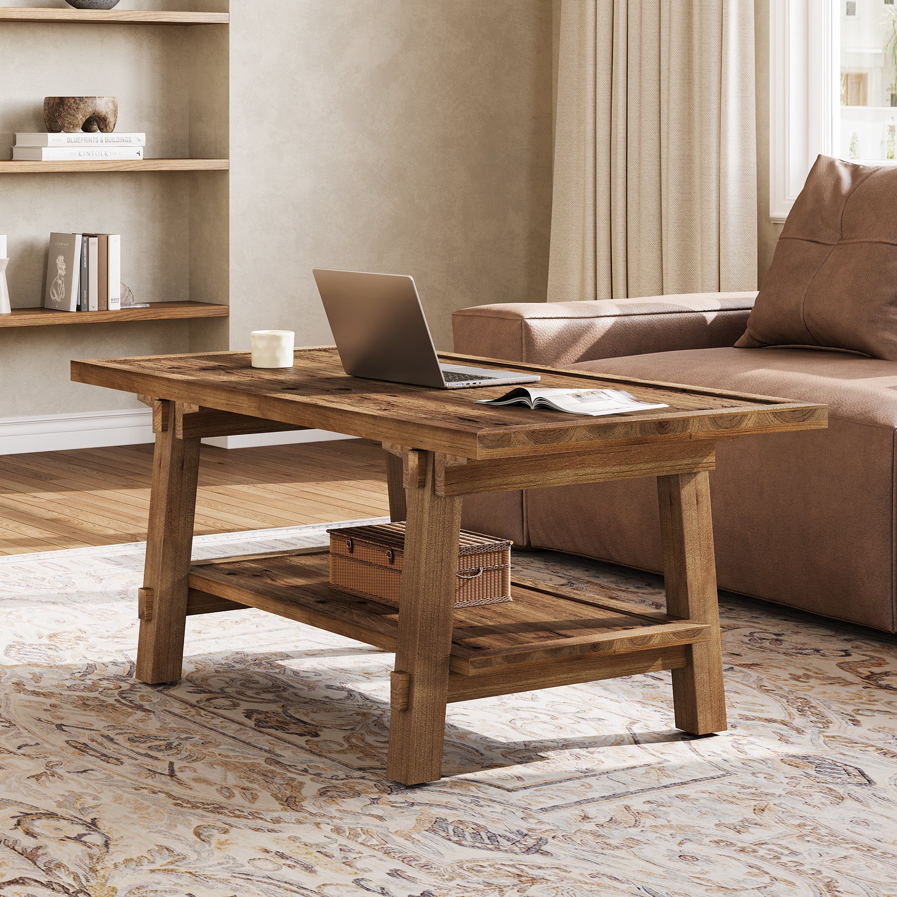 Solid Wood Coffee Table, 47" Rectangle Center Table with 2-Tier Shelves