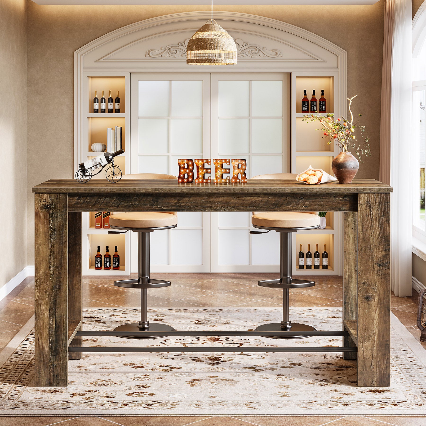 63" Bar Table Counter Height Pub Table with Metal Footrests