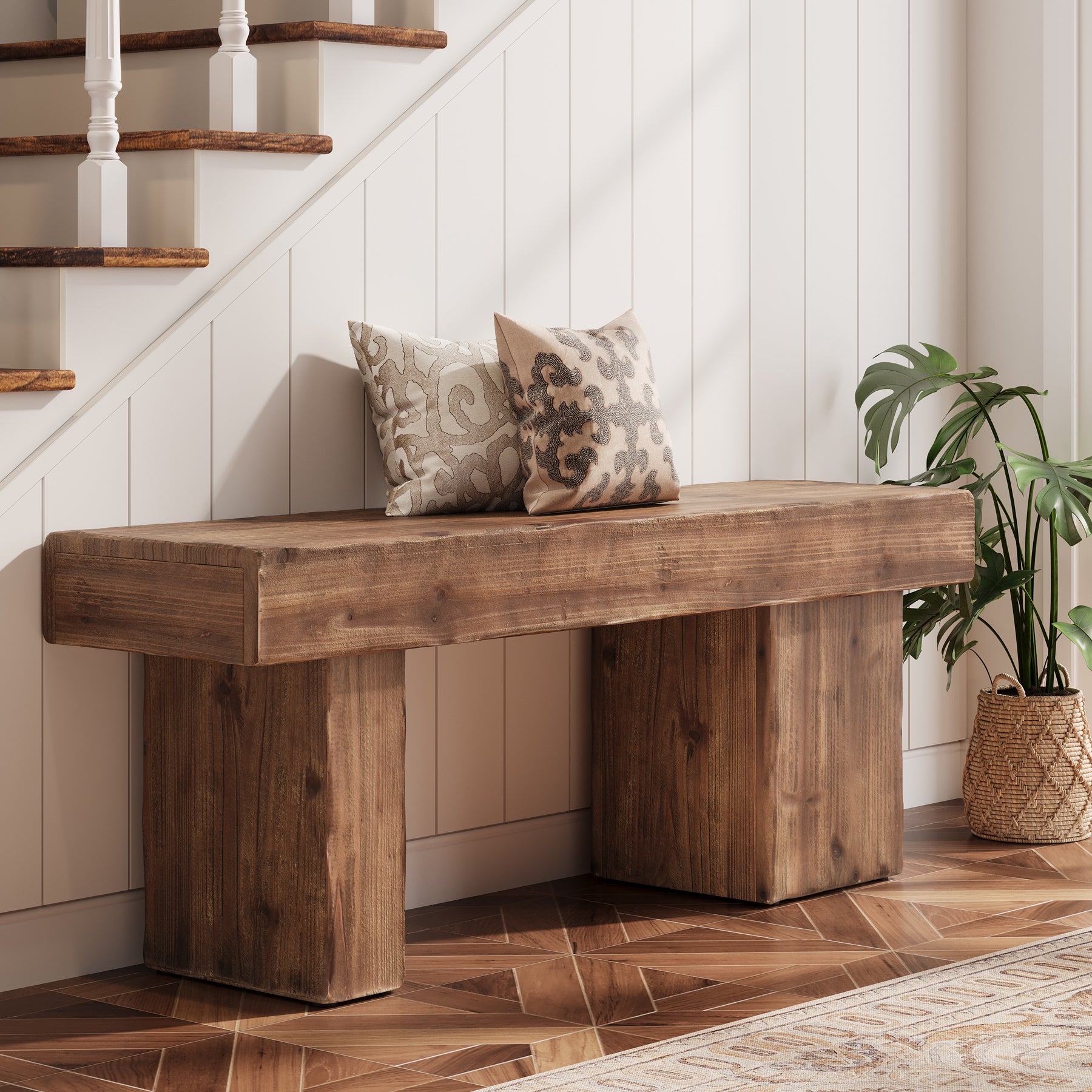 Solid Wood Bench, 47" Farmhouse Entryway Bench with Artistic Legs