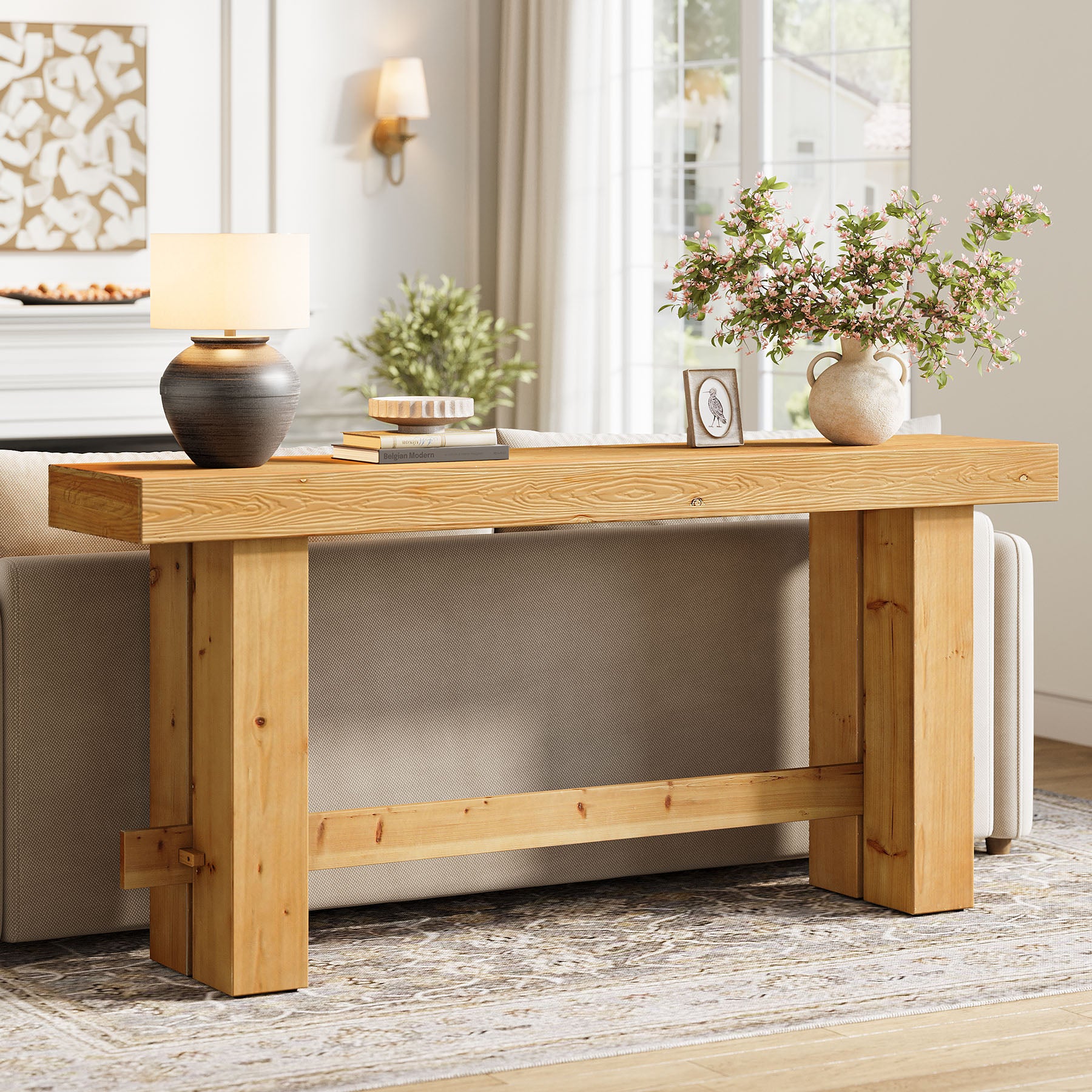 Solid Wood Console Table, 63" Sofa Entryway Table with Stable Leg