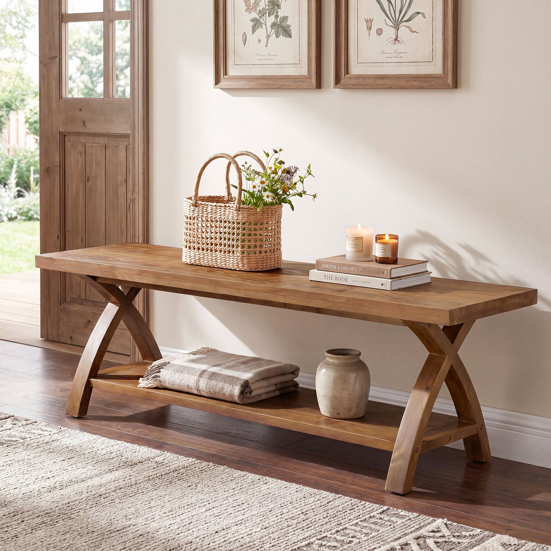 47.2-Inch Solid Wood Entryway Bench with Shoe Storage, 2-Tier Rustic Indoor End of Bed Bench