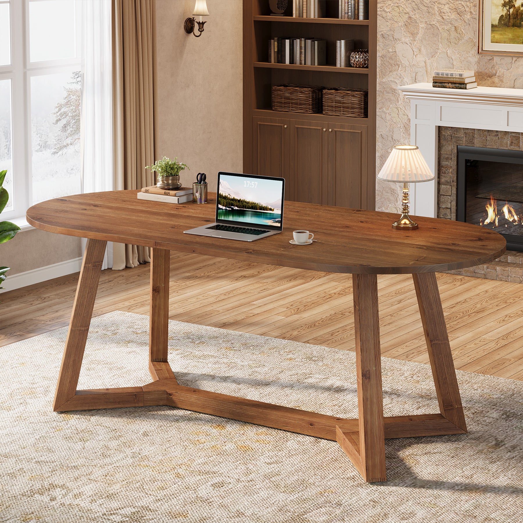 Solid Wood Computer Desk, 63" Oval Executive Desk with Sturdy Tapered Legs