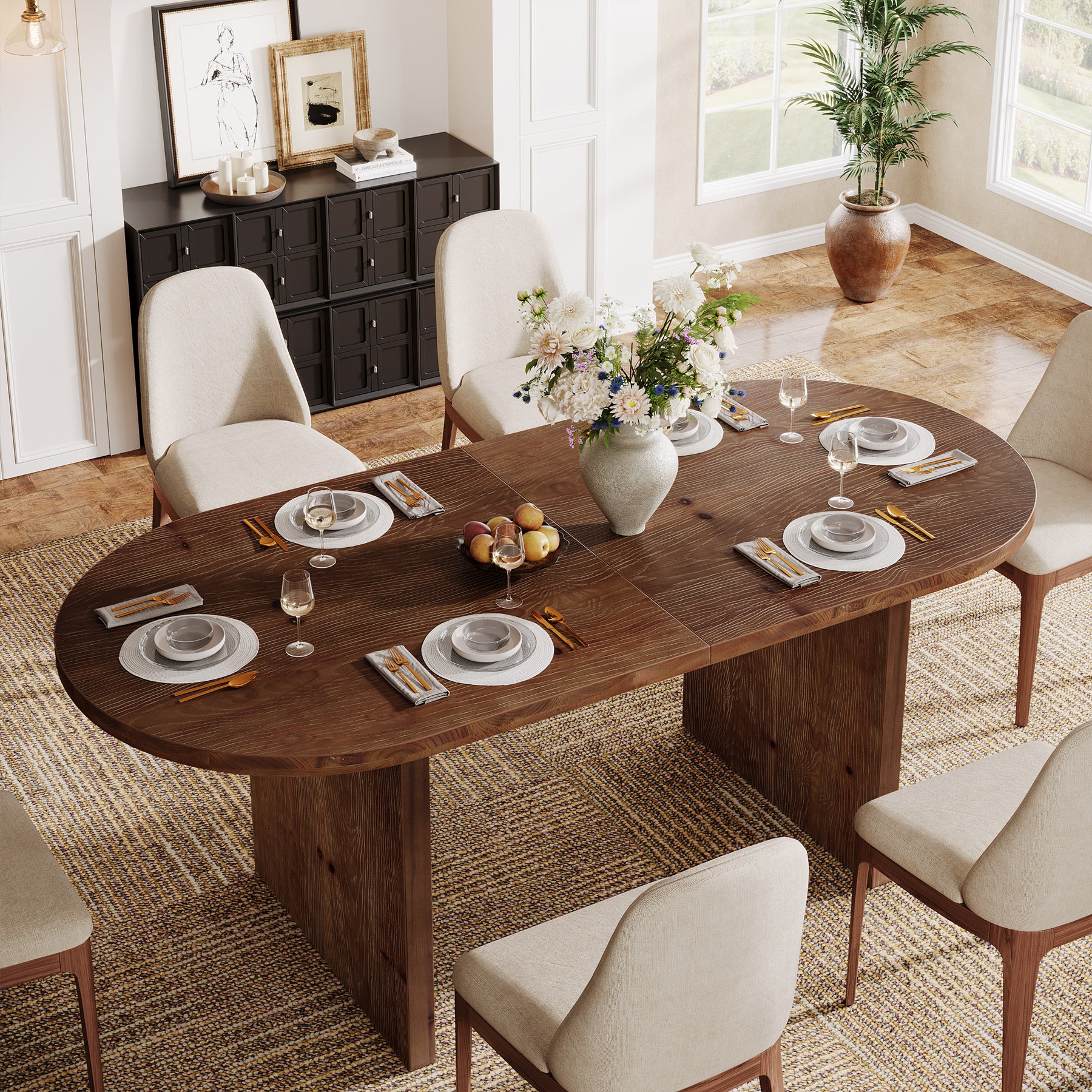 Solid Wood Dining Table, 63" Oval Kitchen Dinner Table for 4-6