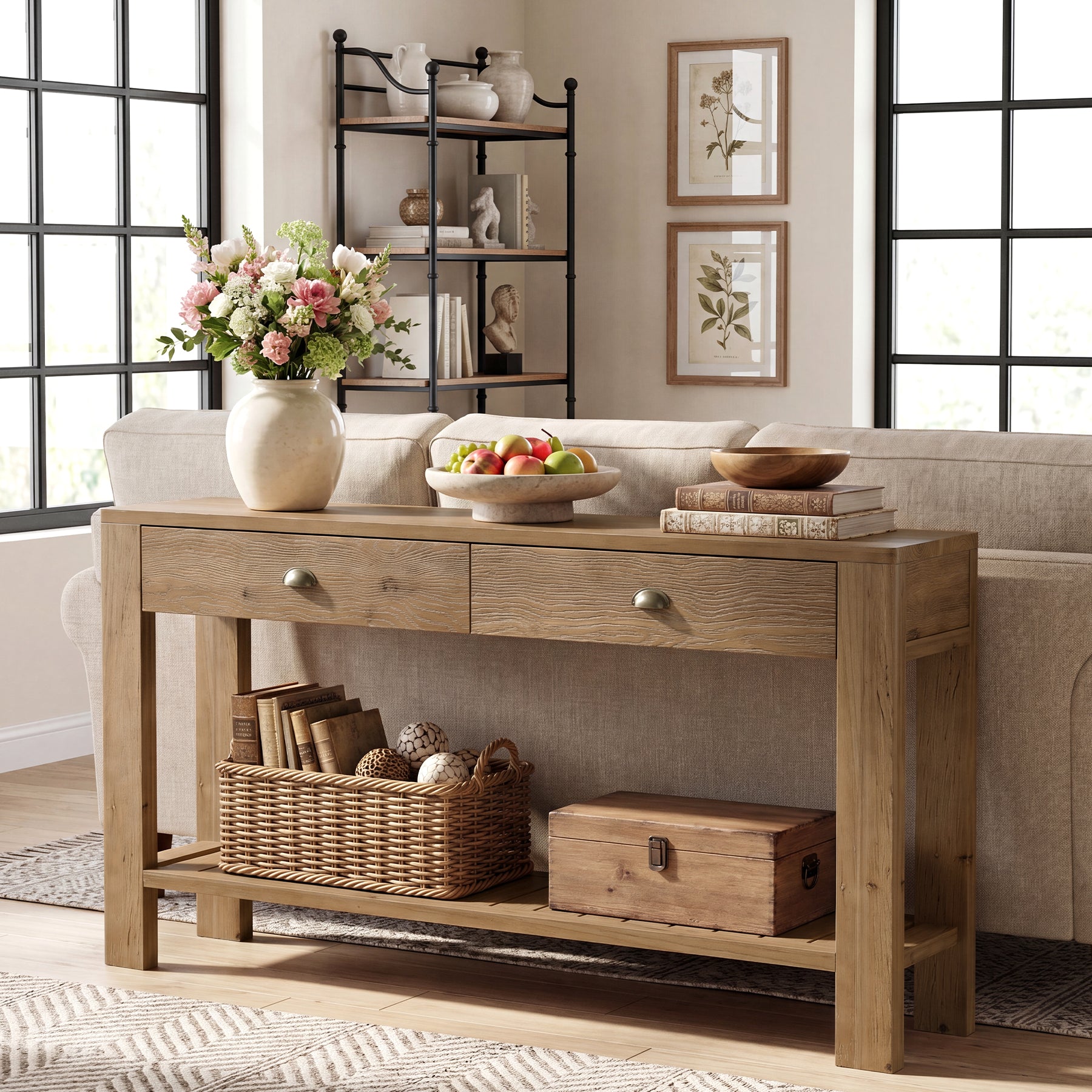 55" Solid Wood Console Table, Narrow Entryway Table with 2 Drawers & Storage Shelf,