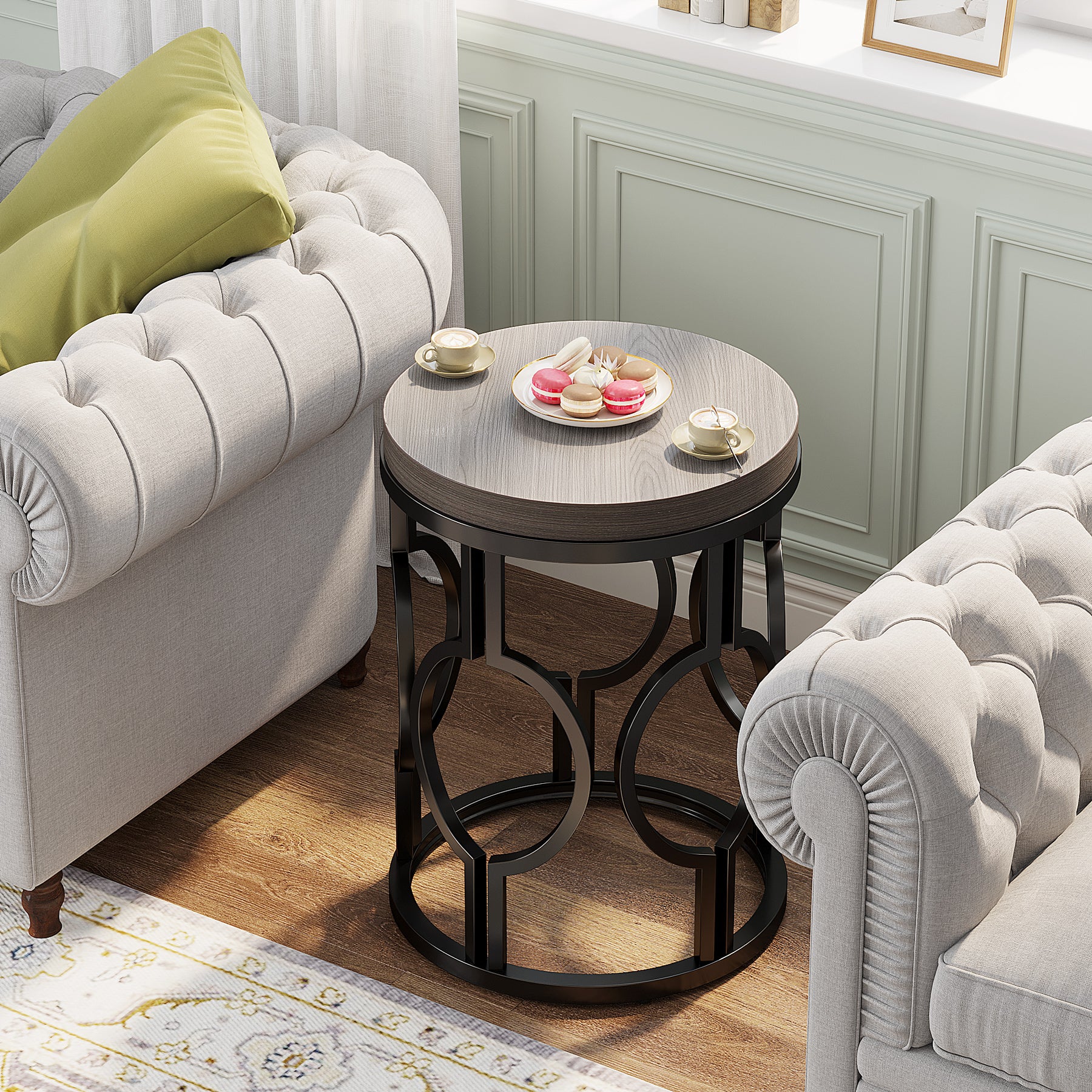 Small Round End Table, Industrial Metal Frame Side Table for Living Room & Bedroom