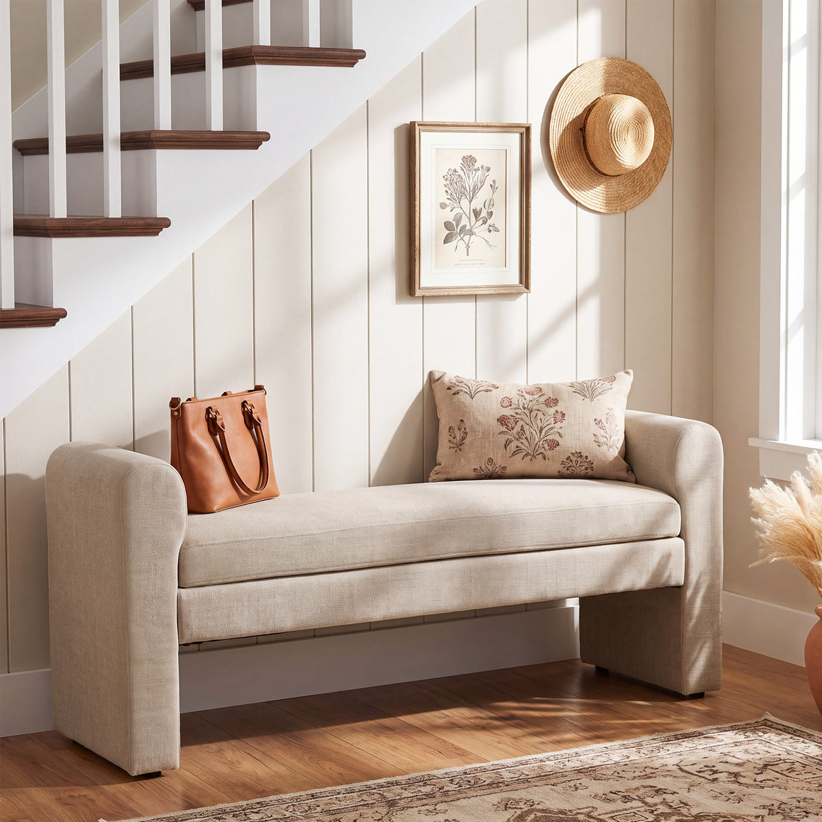 55" Upholstered End of Bed Bench with Arms, Modern Entryway Shoe Bench with Soft Cushioned Seat