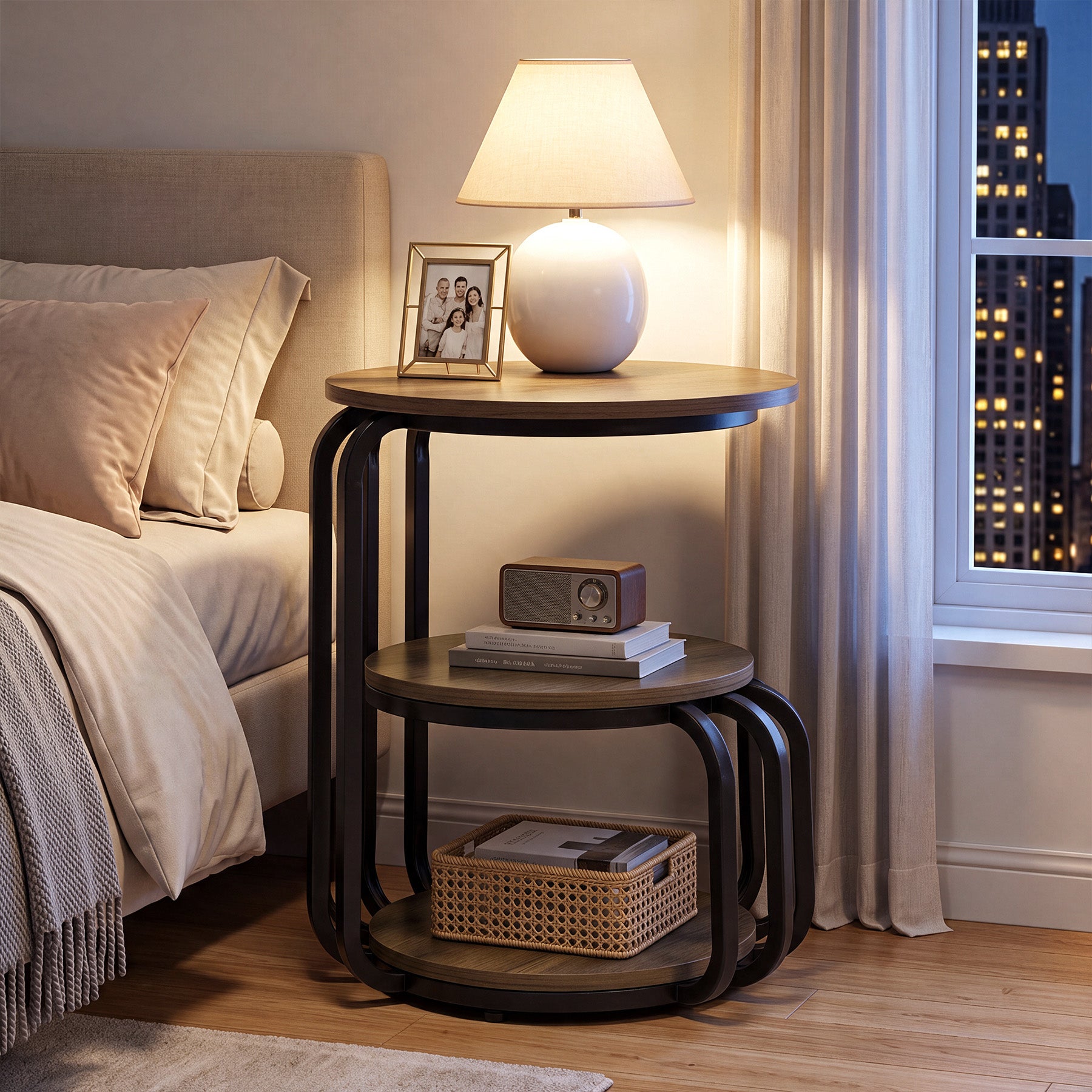 19.69" Round Nightstand, 3-Tier Bedside Table with Metal Frame for Bedroom