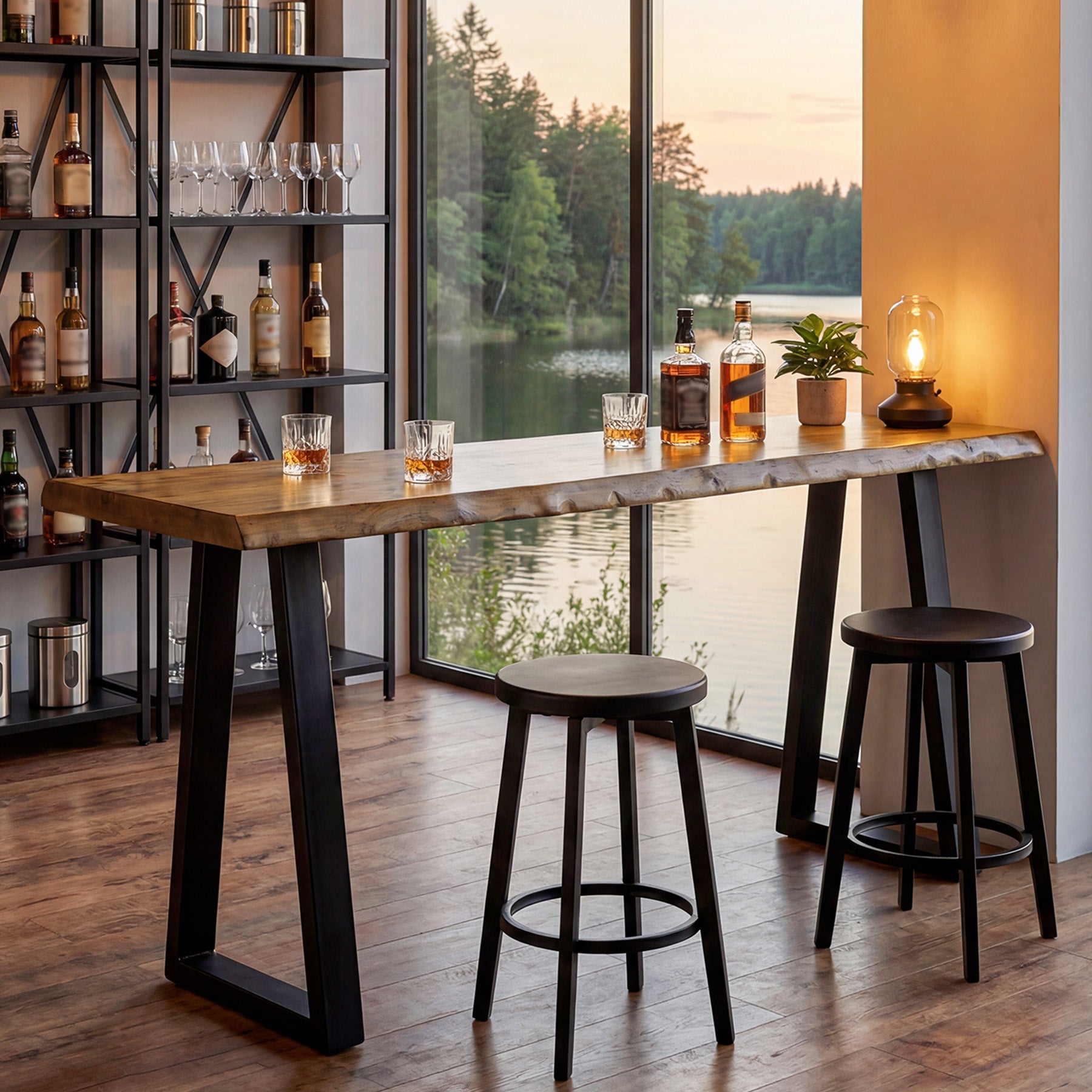 Solid Wood Bar Table, 63” Counter Height Table with Metal Legs for Kitchen