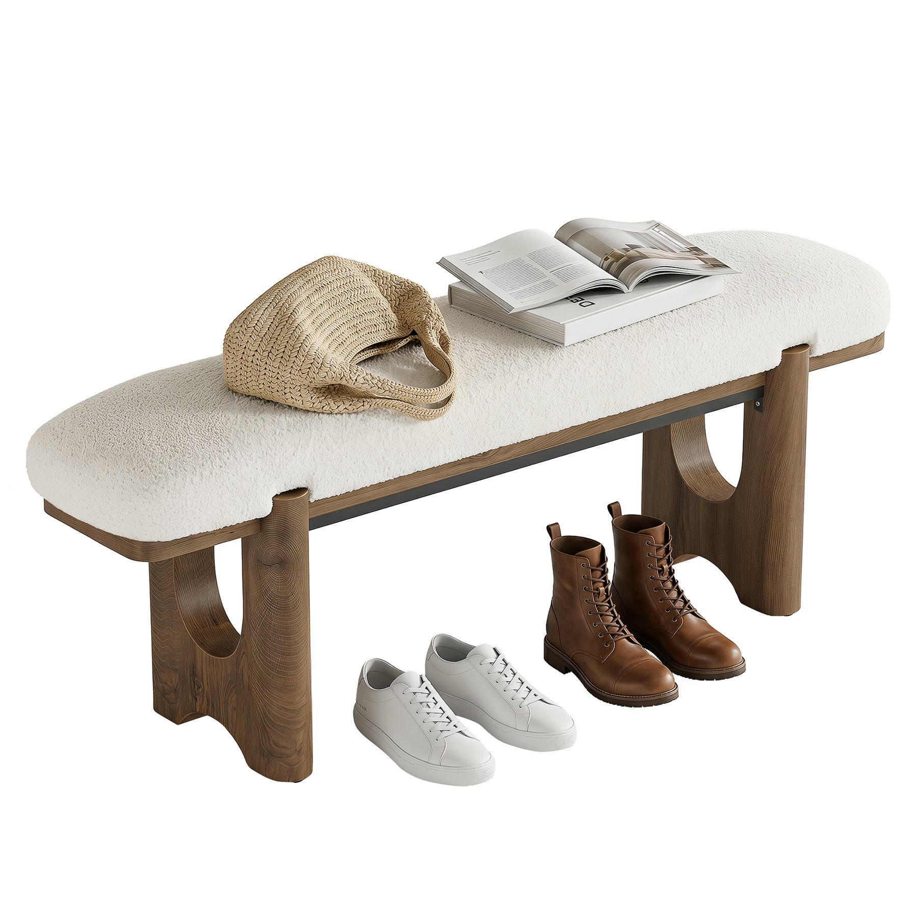 63" Upholstered Entryway Bench with Faux Shearling Cushion, Modern Farmhouse Shoe Bench