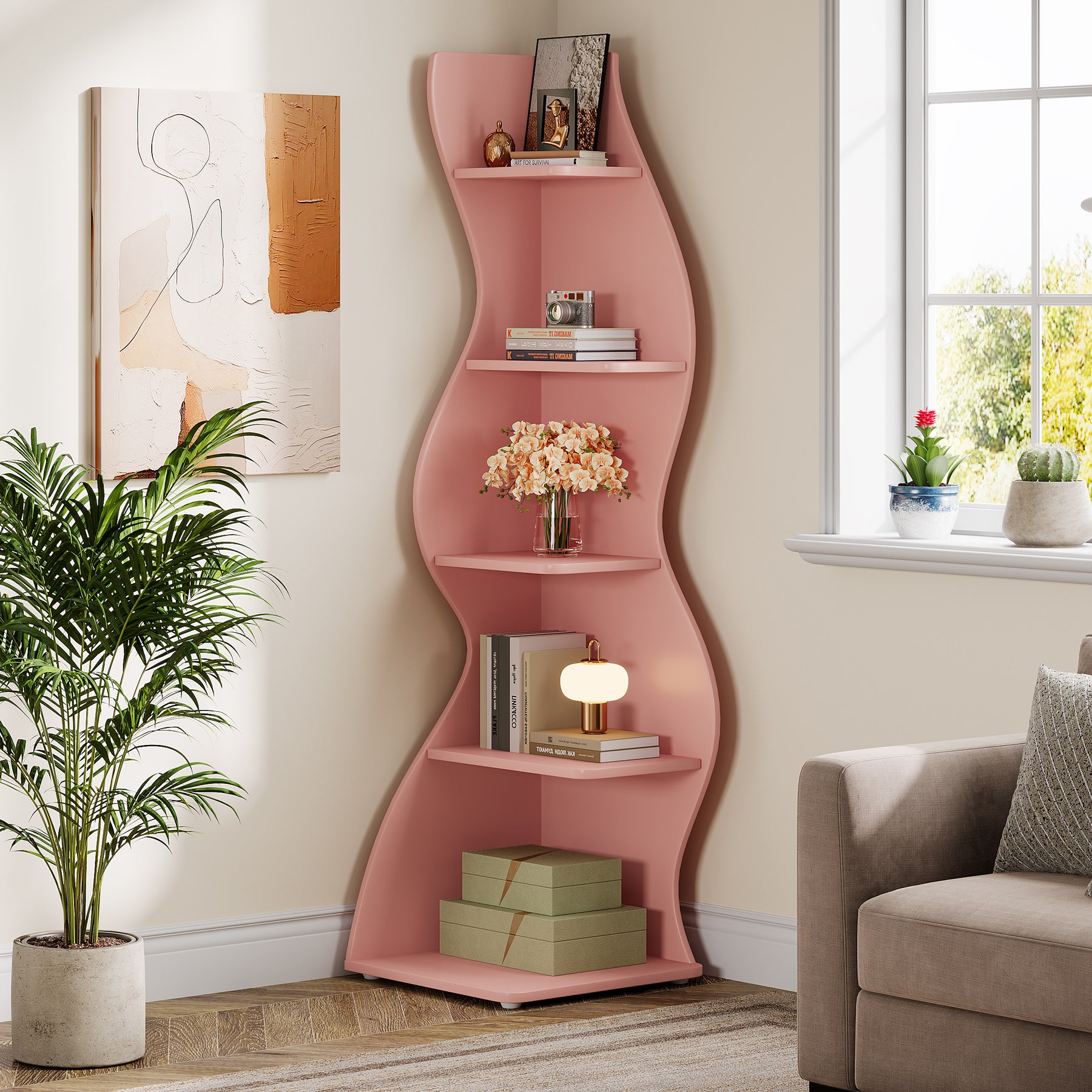 Wavy Corner Shelf, 5-Tier Bookshelf Bookcase Display Rack