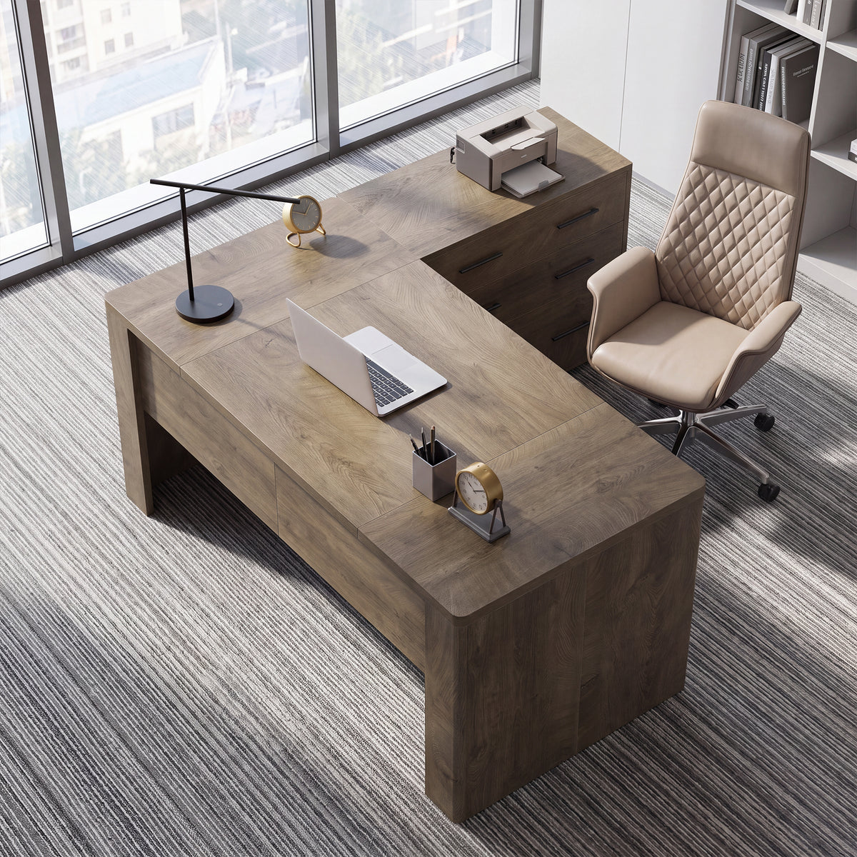 63" L-Shaped Executive Desk, Large Computer Desk with Mobile File Cabinet for Home Office