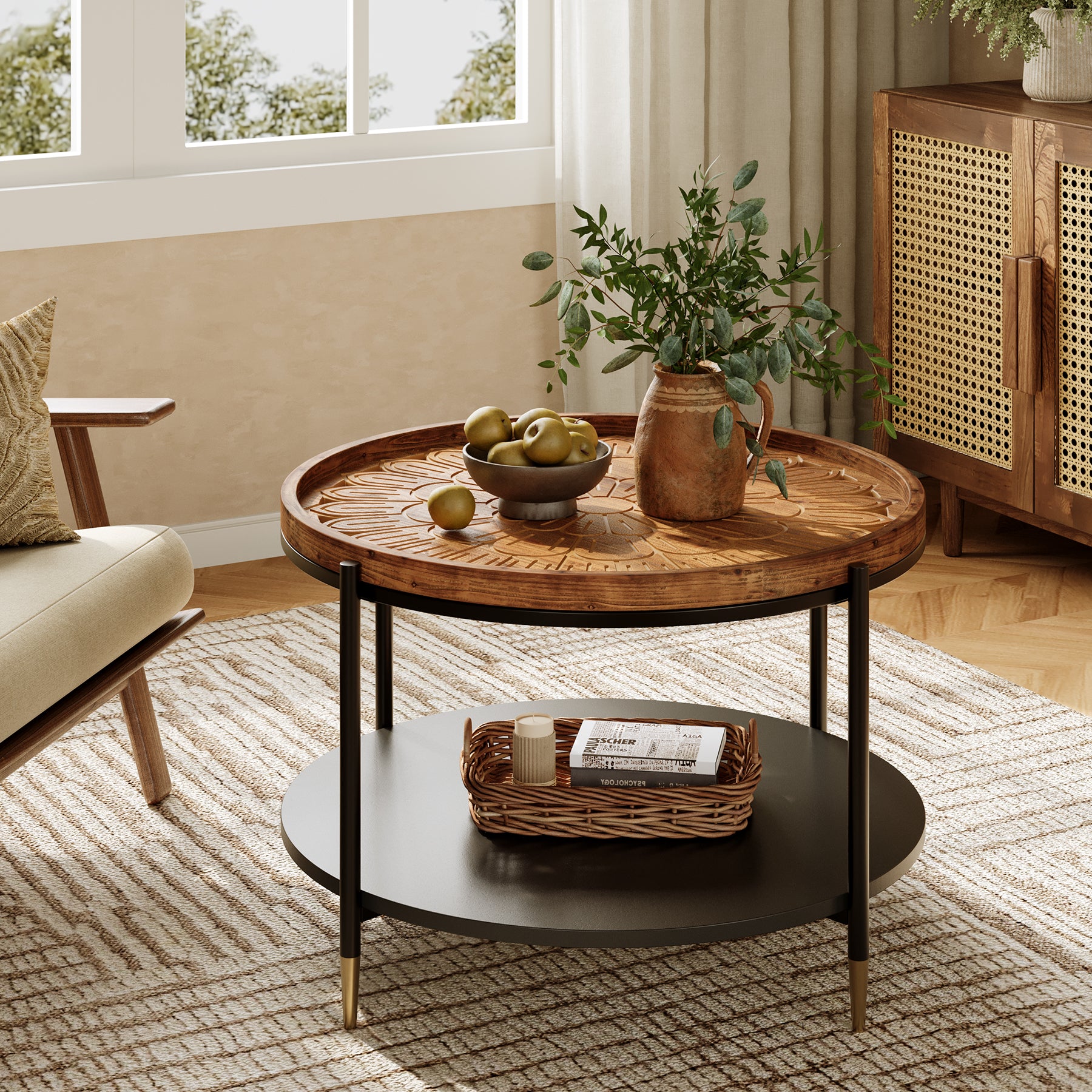 Solid Wood Round Coffee Table, 31.5" Center Tea Table with Metal Frame